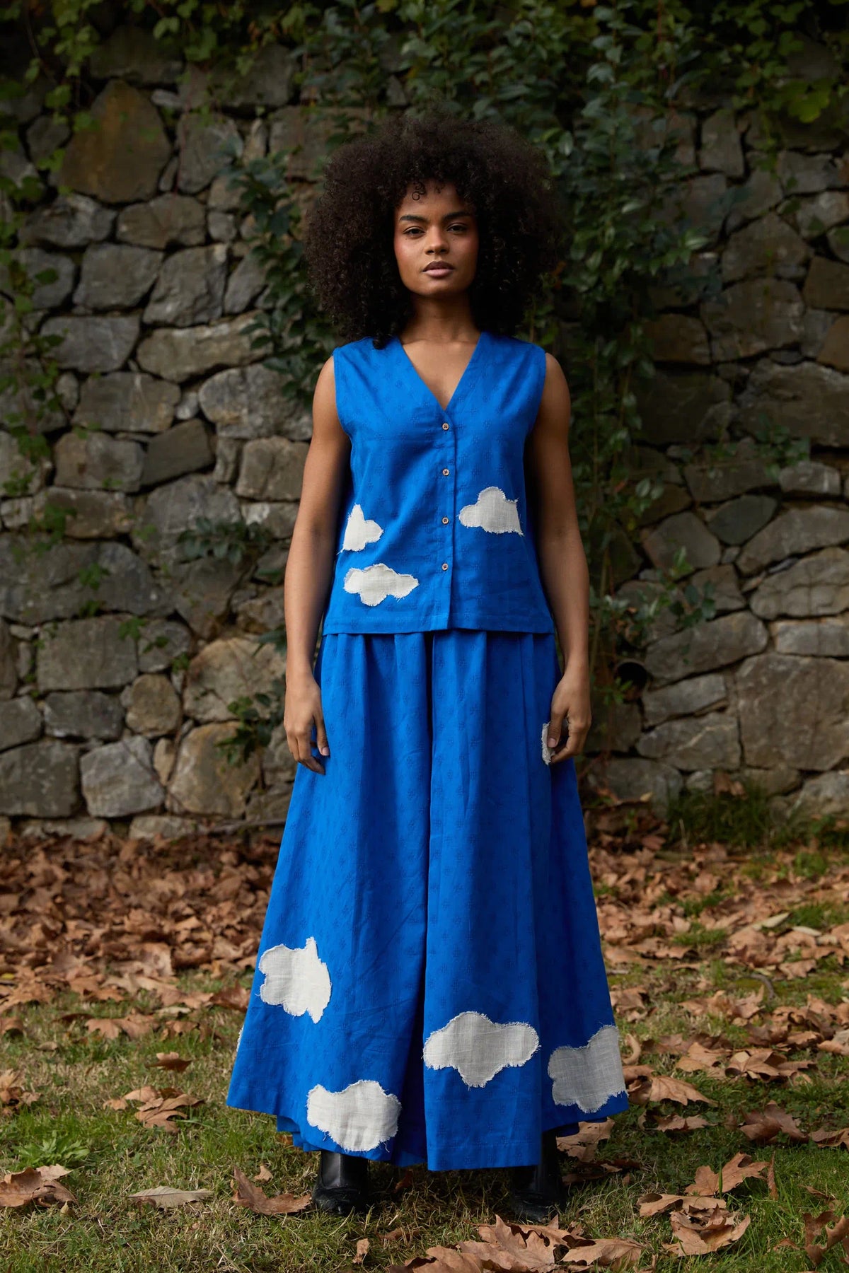 White Canvas Cloud Marti Set in blue handwoven dobby cotton with applique work, front view on model