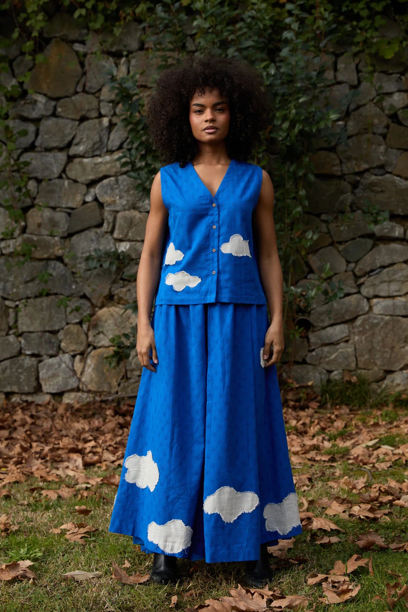 White Canvas Cloud Marti Set in blue handwoven dobby cotton with applique work, front view on model