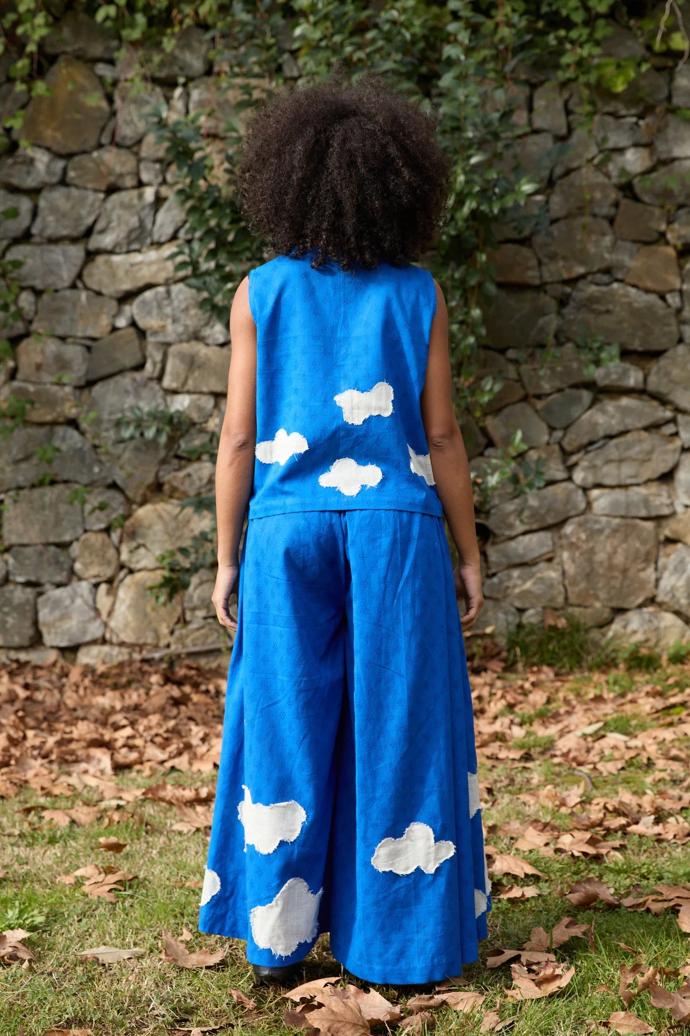 White Canvas Cloud Marti Set in blue handwoven dobby cotton with applique work, side view on model