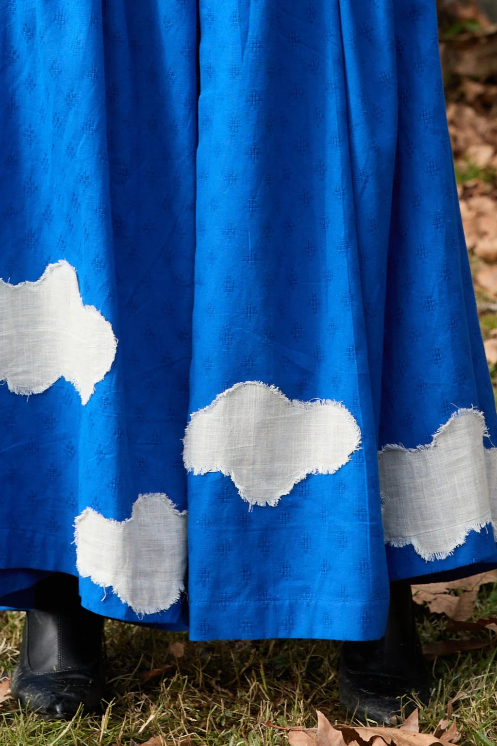 White Canvas Cloud Marti Set in blue handwoven dobby cotton with applique work, full-length styled view