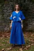 White Canvas Cloud Nikki Set in blue handwoven dobby cotton with applique work and Kantha stitching, front view on model