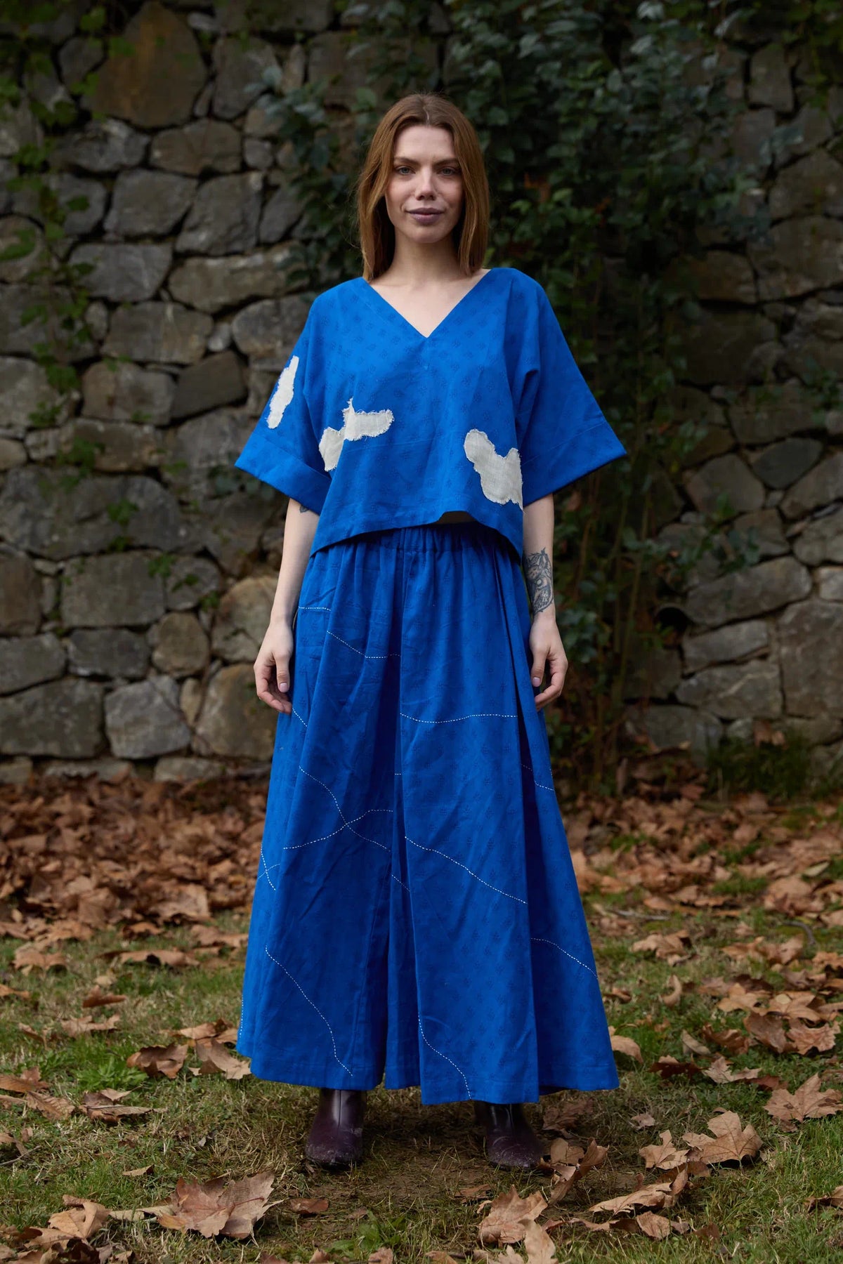 White Canvas Cloud Nikki Set in blue handwoven dobby cotton with applique work and Kantha stitching, front view on model