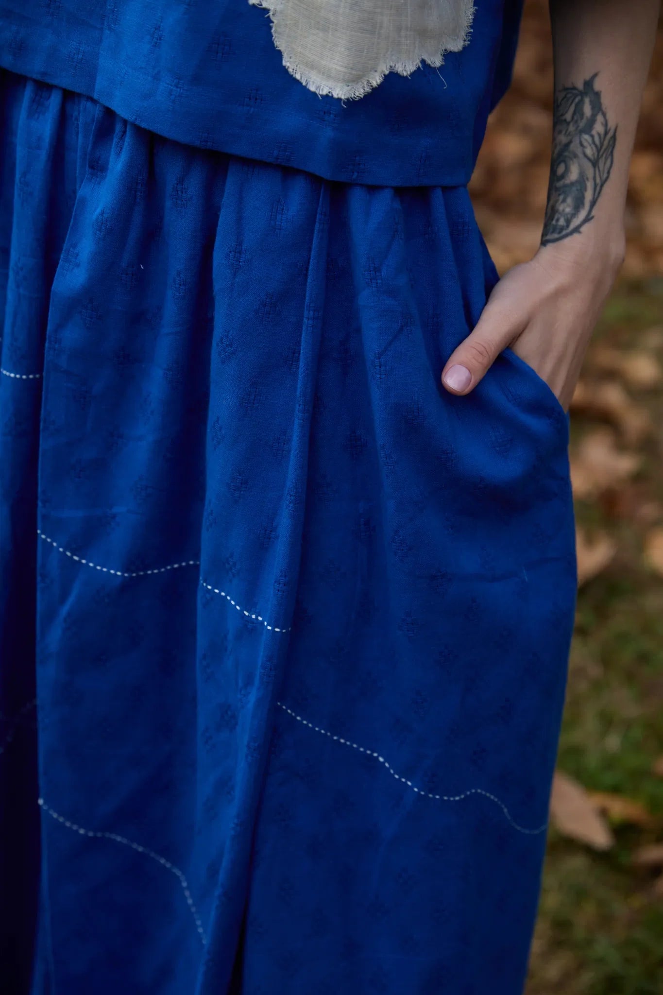 White Canvas Cloud Nikki Set in blue handwoven dobby cotton with applique work and Kantha stitching, alternate styled view