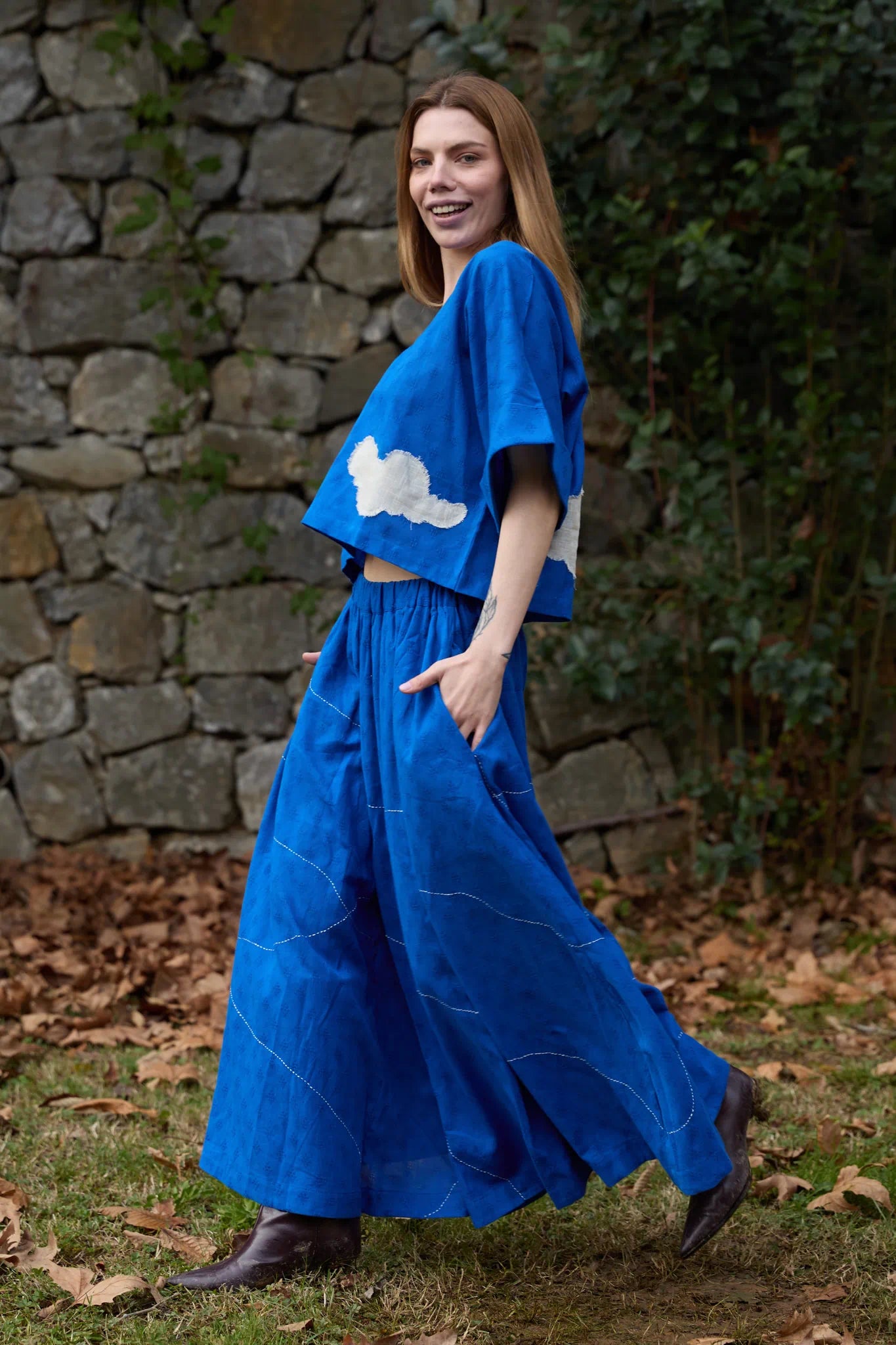 White Canvas Cloud Nikki Top in blue handwoven dobby cotton with applique work, alternate styled view