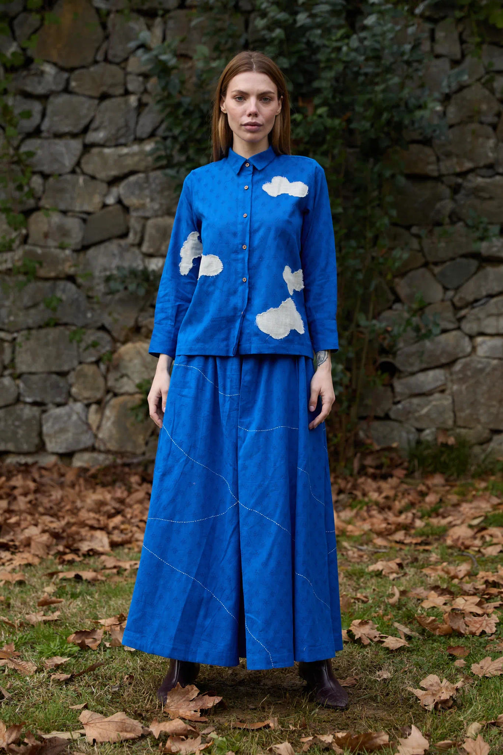 White Canvas Cloud Only Set in blue handwoven dobby cotton with applique work, front view on model