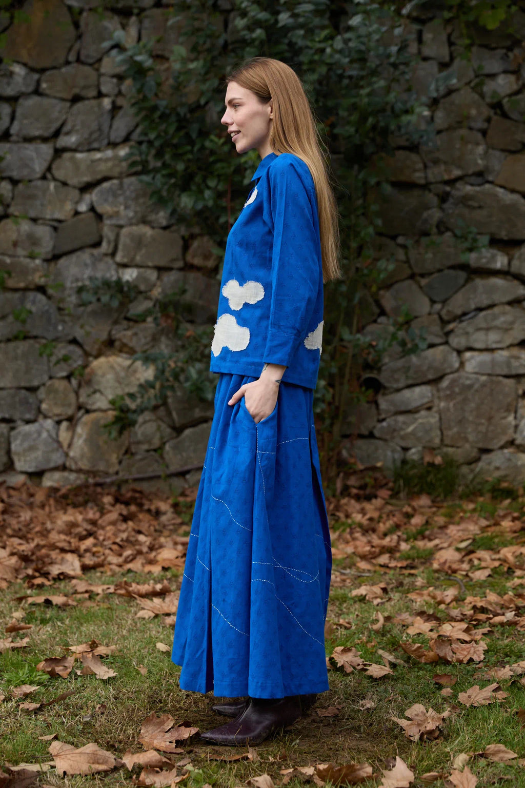 White Canvas Cloud Only Set in blue handwoven dobby cotton with applique work, side view on model