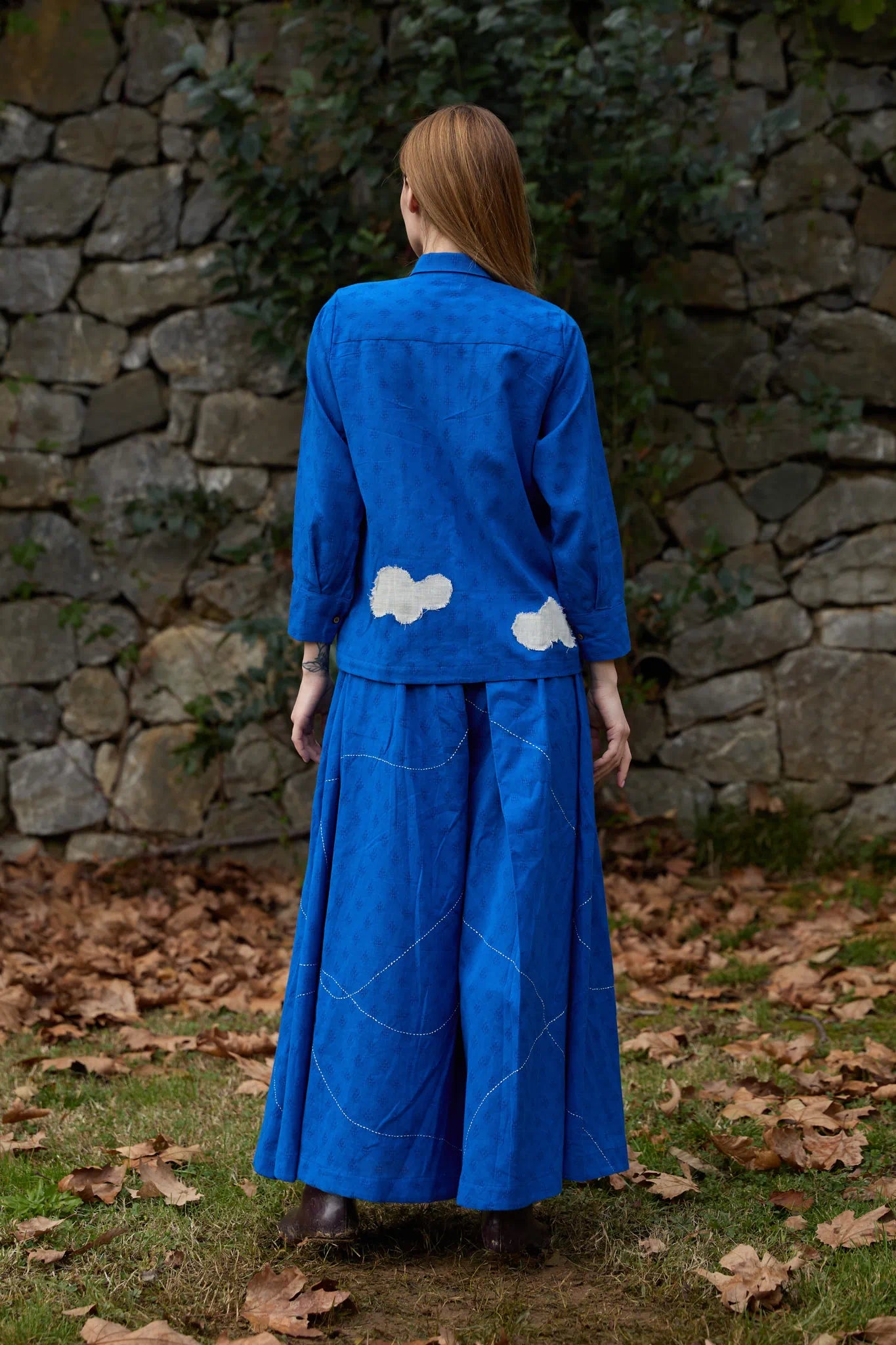 White Canvas Cloud Only Set in blue handwoven dobby cotton with applique work, back view on model