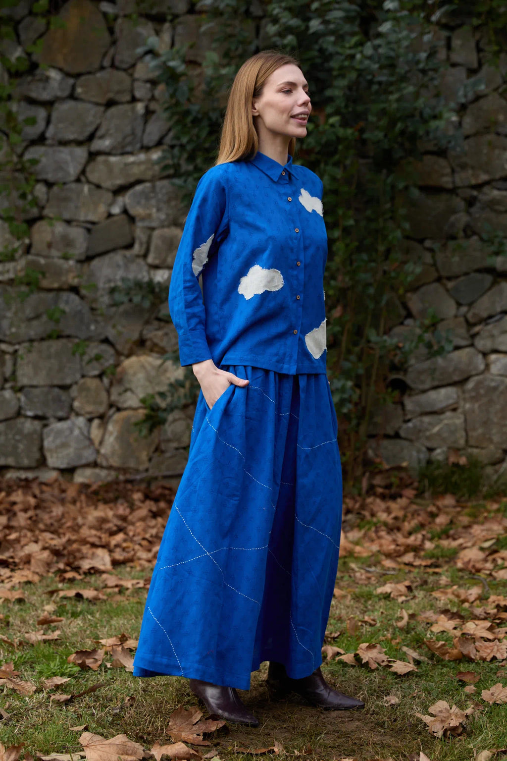 White Canvas Cloud Only Set in blue handwoven dobby cotton with applique work, detail view on model