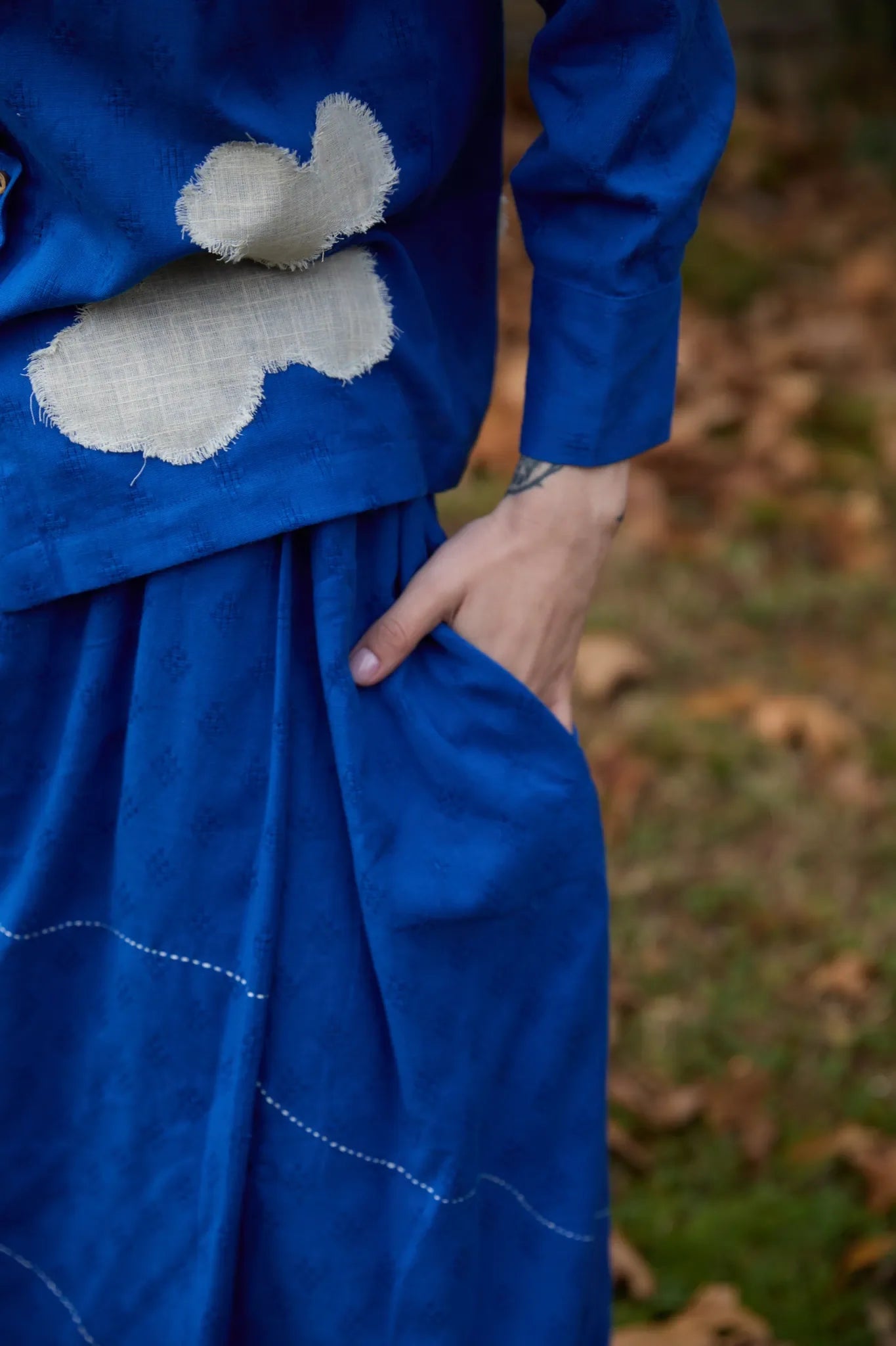 White Canvas Cloud Only Set in blue handwoven dobby cotton with applique work, alternate styled view
