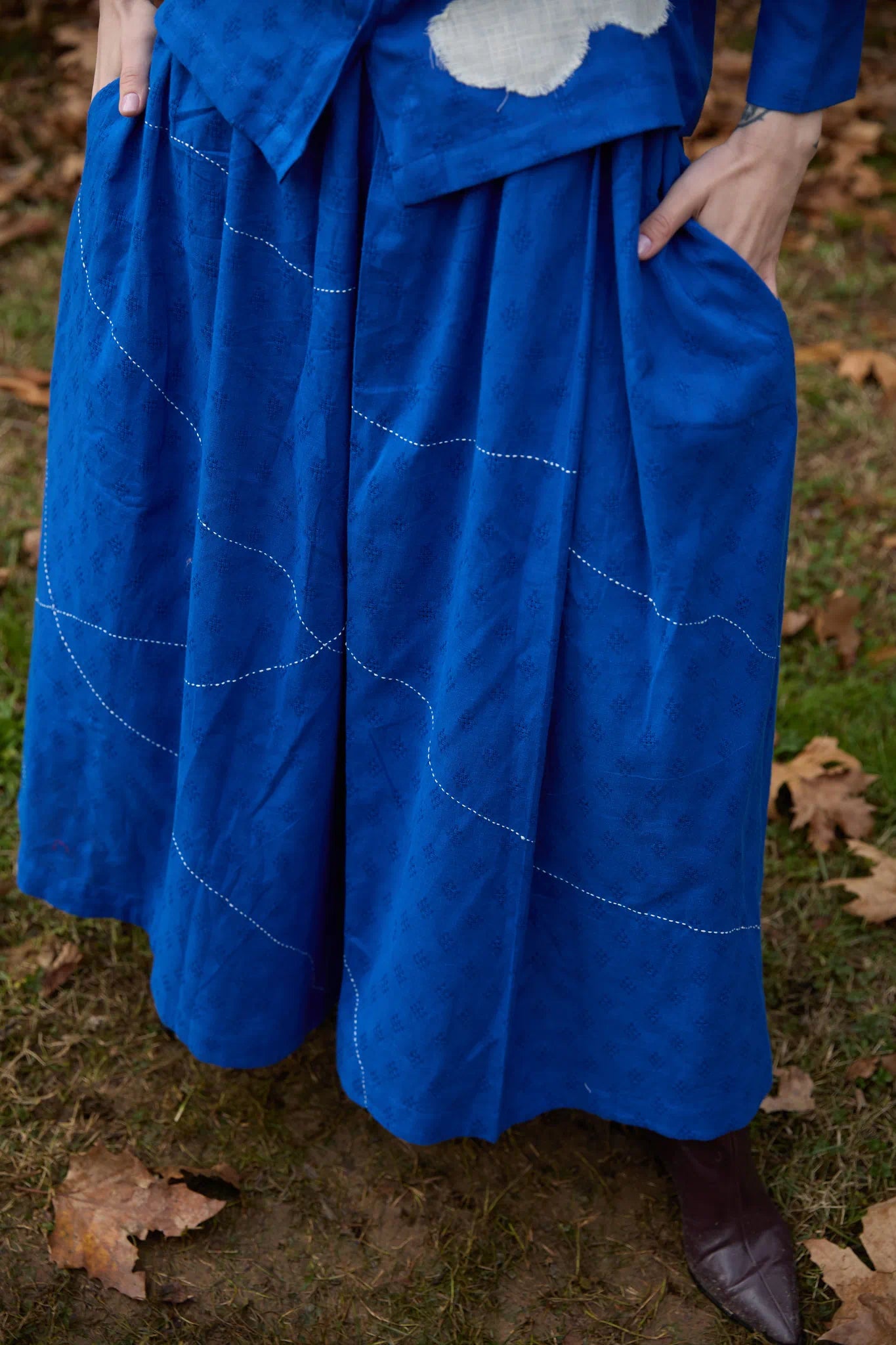 White Canvas Cloud Only Set in blue handwoven dobby cotton with applique work, close-up product view