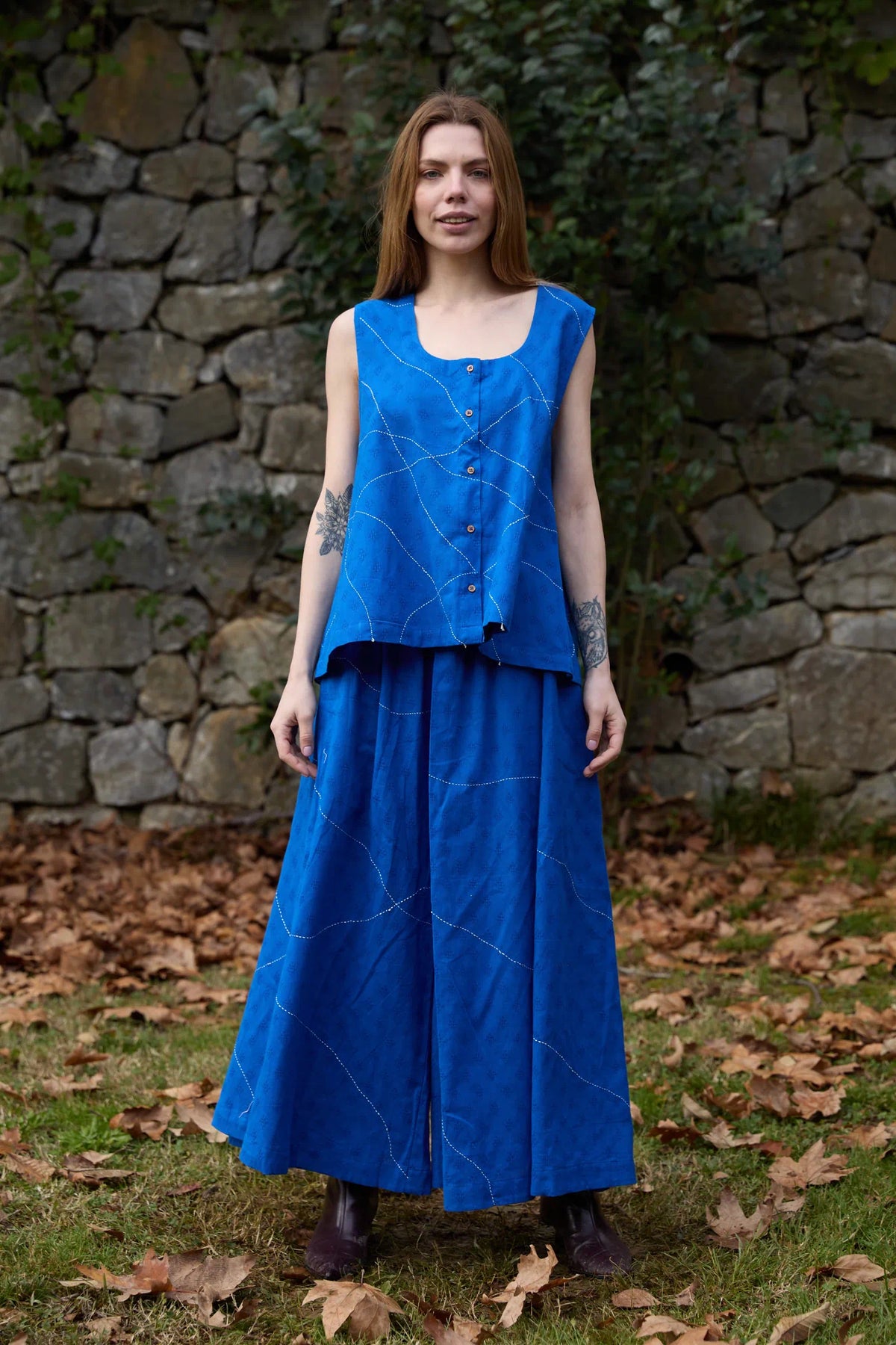 White Canvas Cloud Surreal Set in blue handwoven dobby cotton with Kantha stitching, front view on model