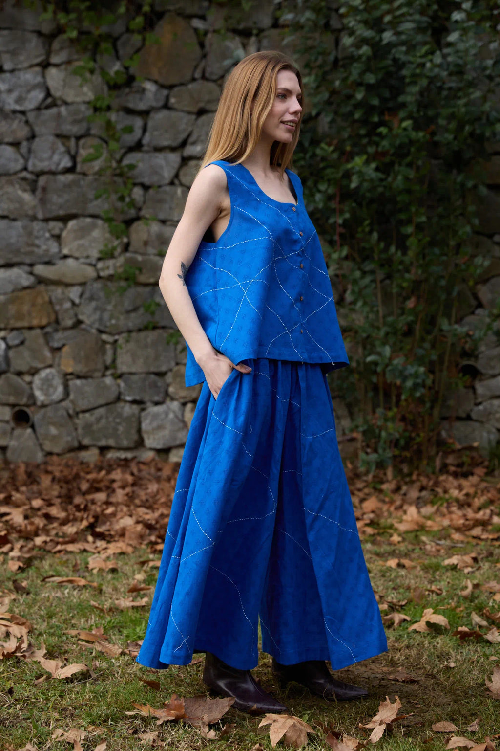 White Canvas Cloud Surreal Set in blue handwoven dobby cotton with Kantha stitching, side view on model