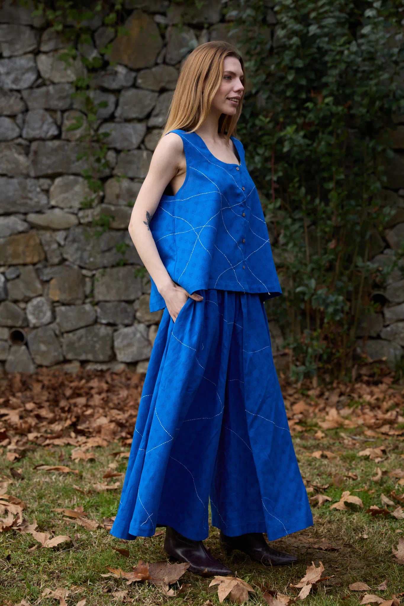 White Canvas Cloud Surreal Set in blue handwoven dobby cotton with Kantha stitching, side view on model