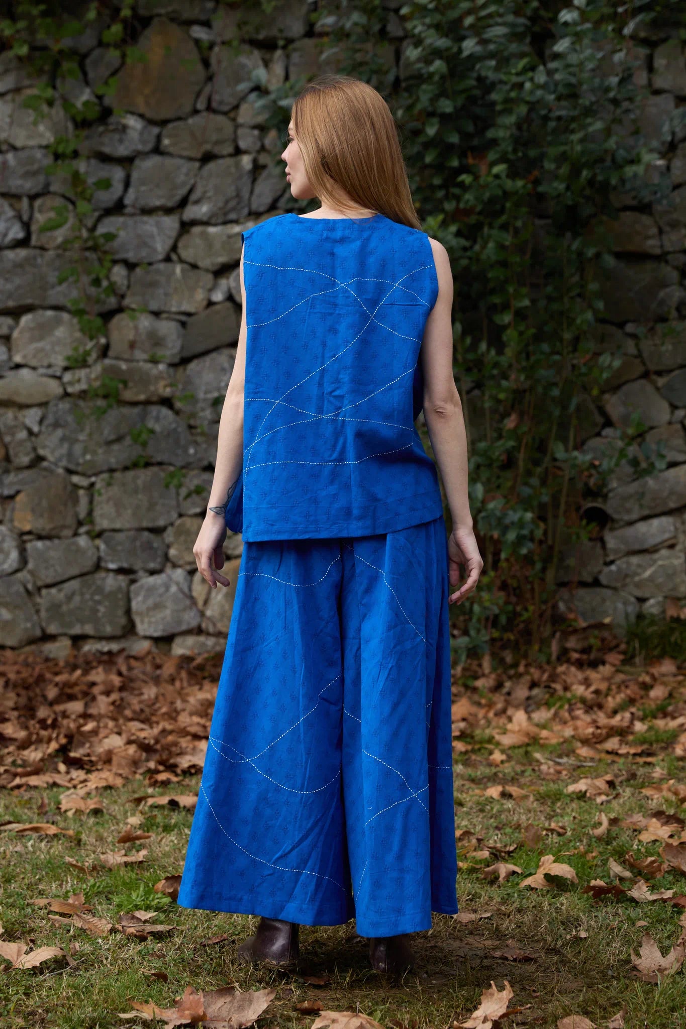 White Canvas Cloud Surreal Set in blue handwoven dobby cotton with Kantha stitching, back view on model