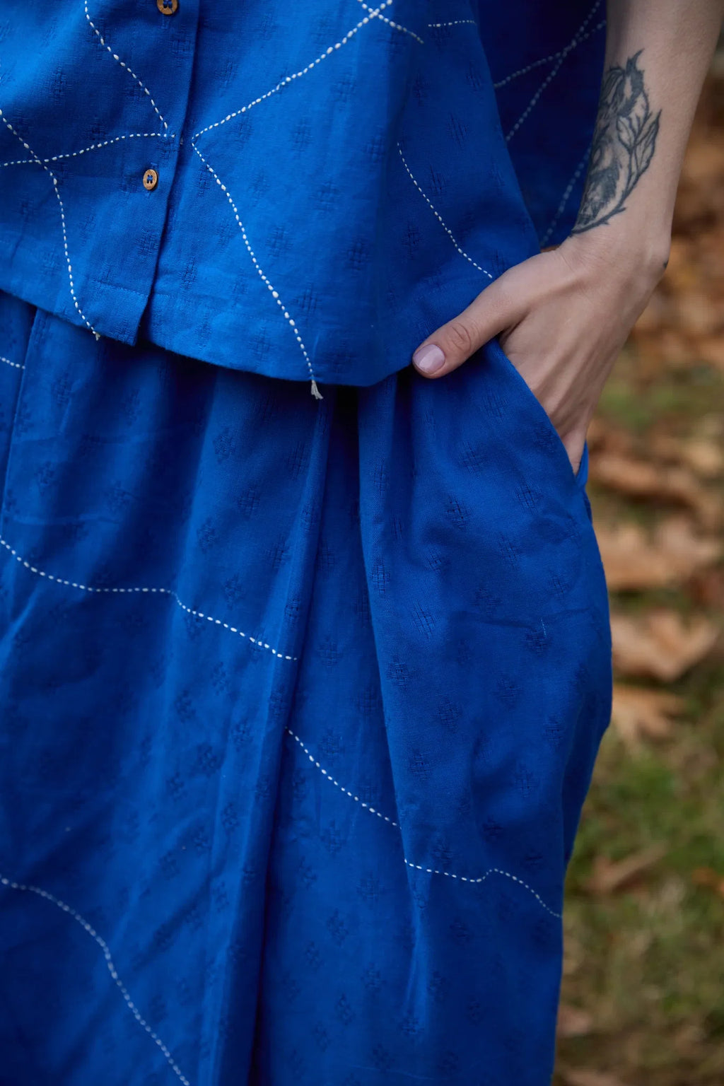 White Canvas Cloud Surreal Set in blue handwoven dobby cotton with Kantha stitching, full-length styled view