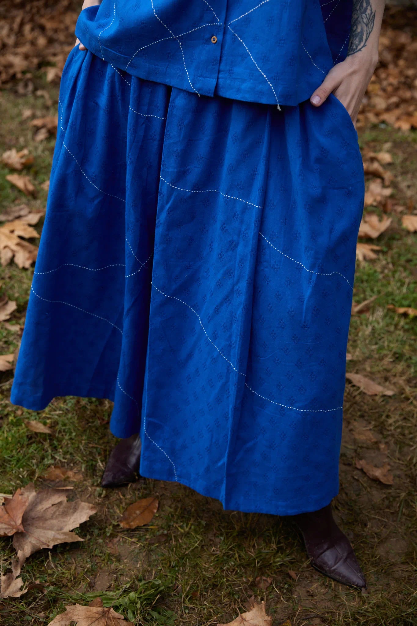 White Canvas Cloud Surreal Set in blue handwoven dobby cotton with Kantha stitching, alternate styled view