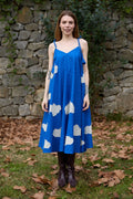 White Canvas Cloud Whirl Dress in blue handwoven dobby cotton with applique work, front view on model