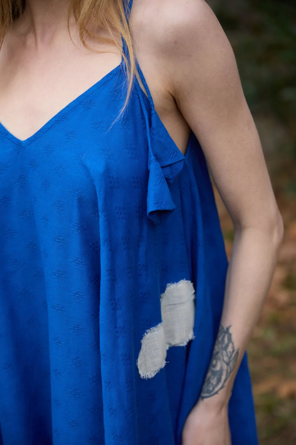 White Canvas Cloud Whirl Dress in blue handwoven dobby cotton with applique work, back view on model