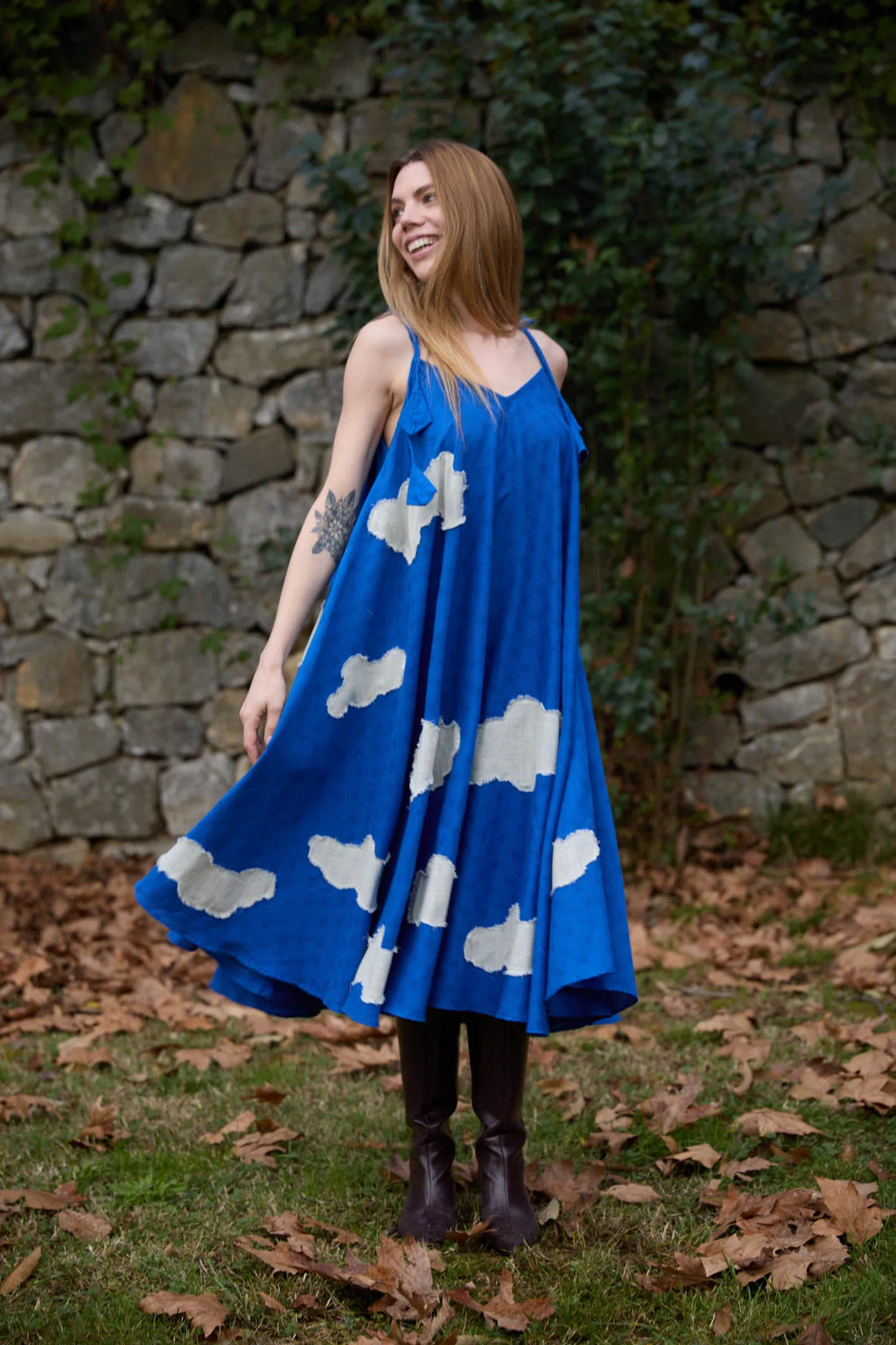 White Canvas Cloud Whirl Dress in blue handwoven dobby cotton with applique work, full-length styled view