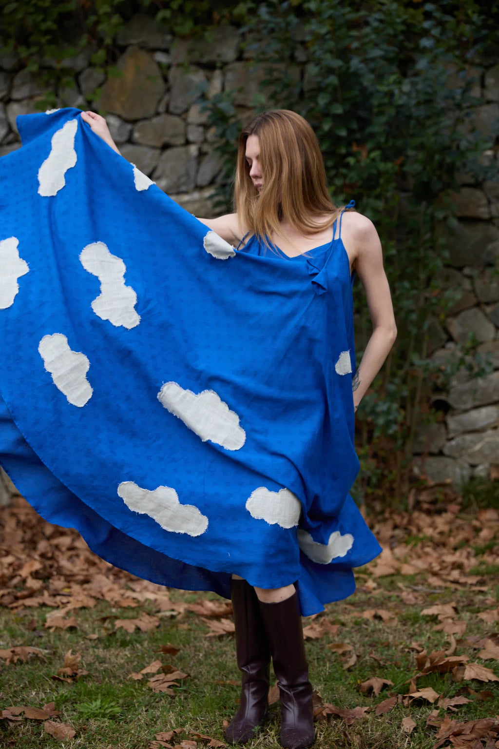 White Canvas Cloud Whirl Dress in blue handwoven dobby cotton with applique work, alternate styled view