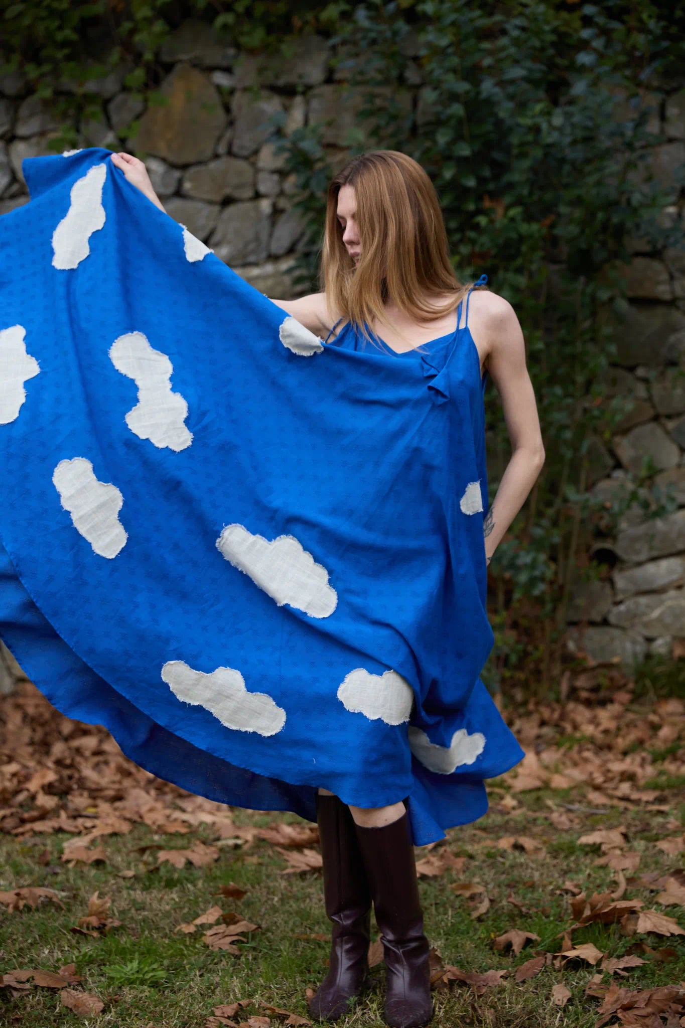 White Canvas Cloud Whirl Dress in blue handwoven dobby cotton with applique work, alternate styled view