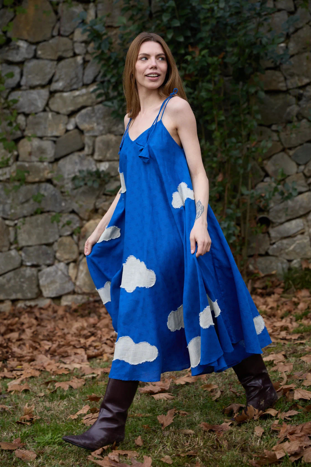 White Canvas Cloud Whirl Dress in blue handwoven dobby cotton with applique work, close-up product view