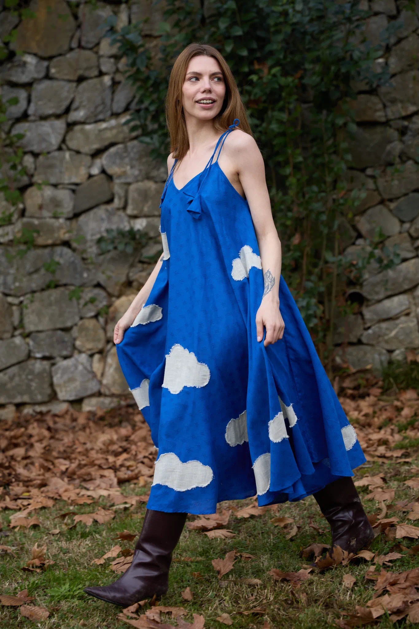White Canvas Cloud Whirl Dress in blue handwoven dobby cotton with applique work, close-up product view