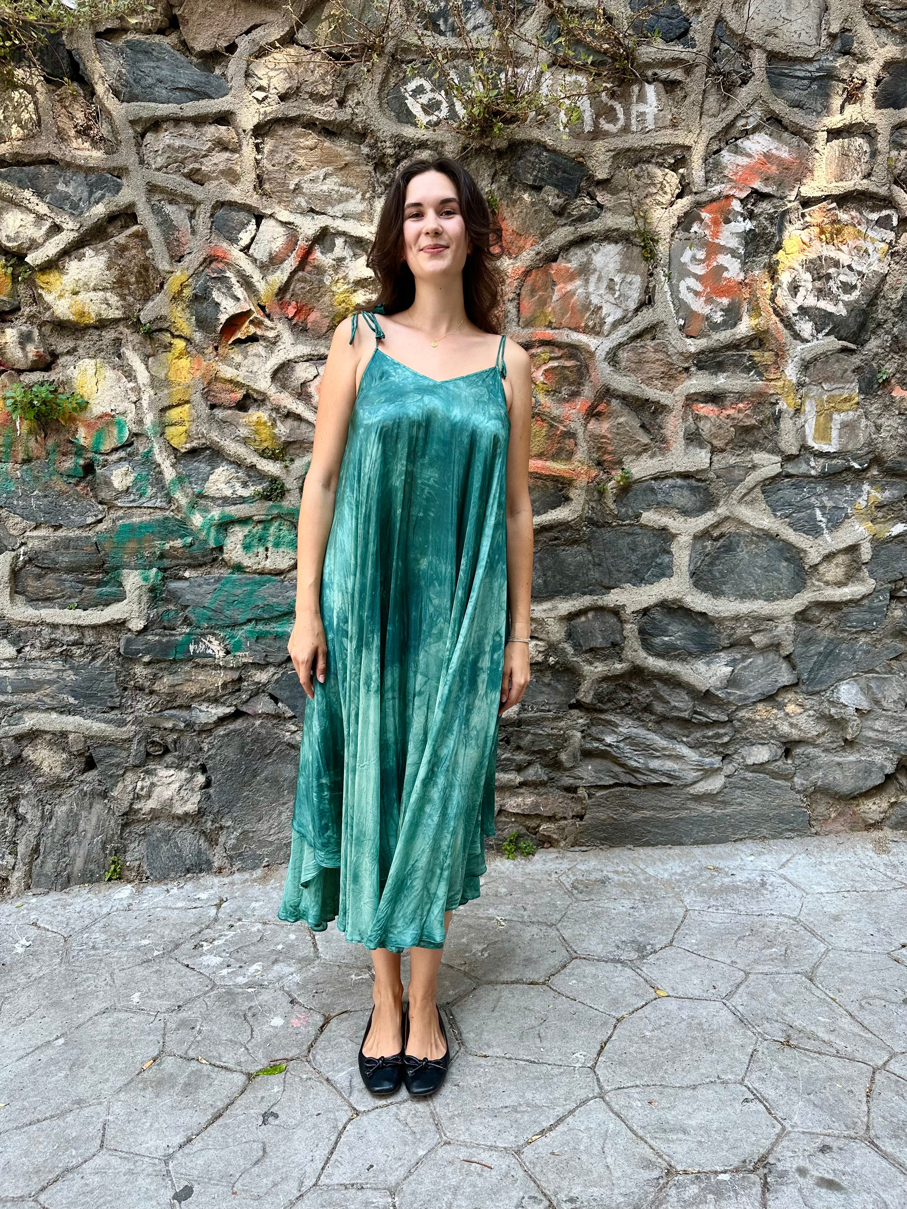 tye dye silk green dress