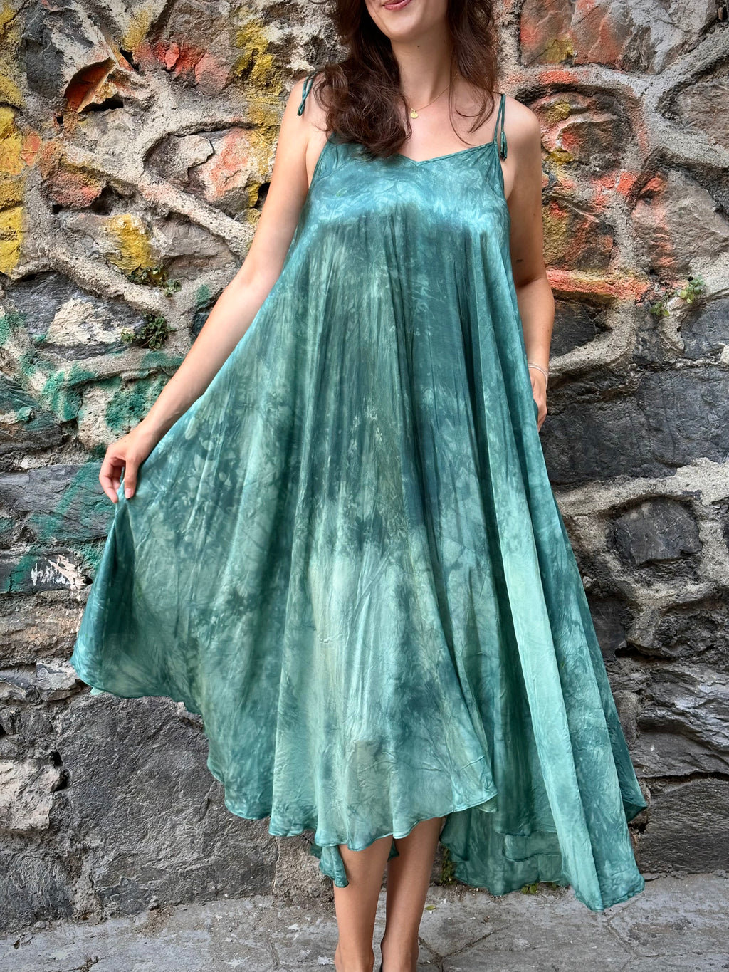 tye dye silk green dress