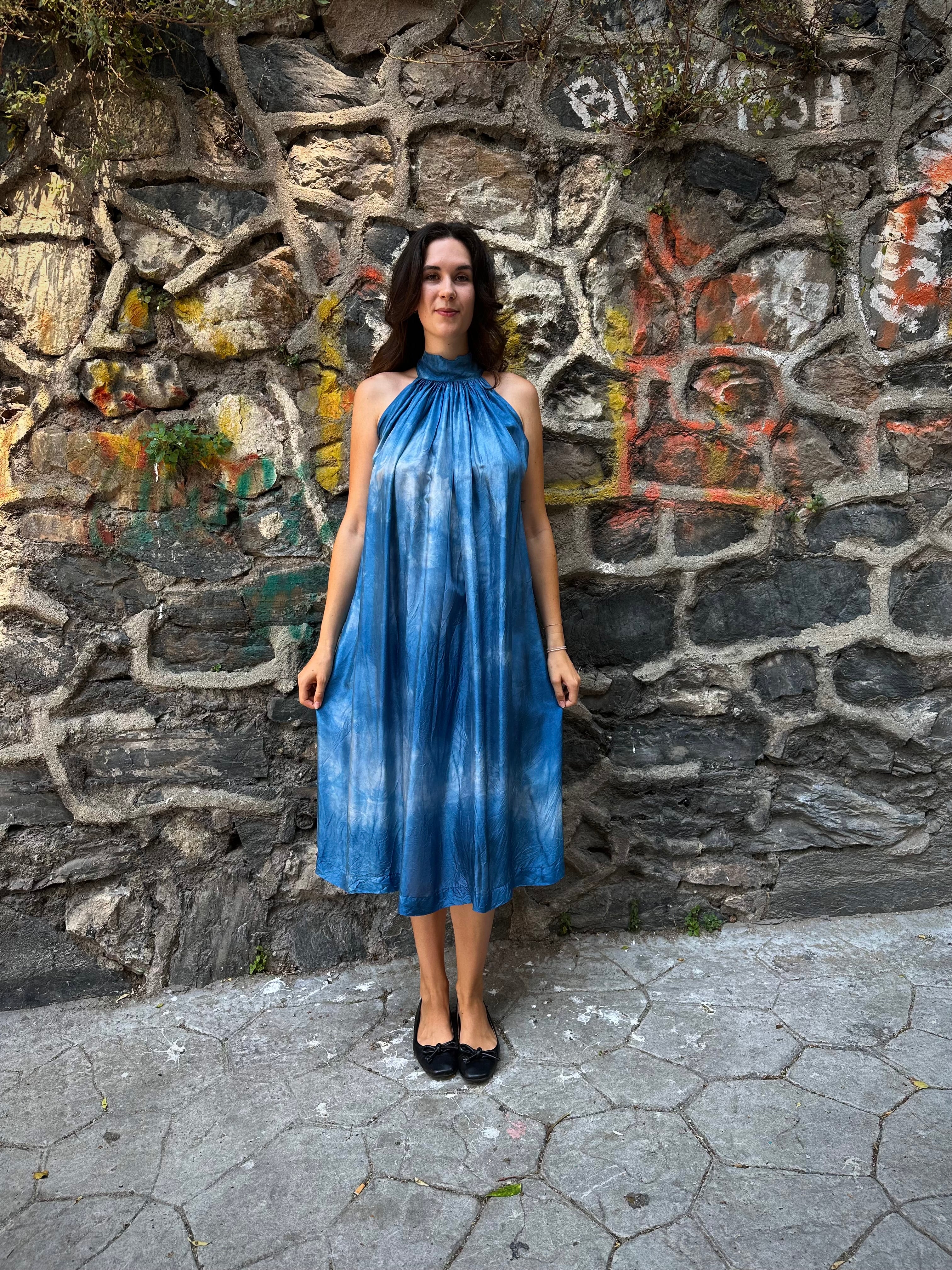 Indigo dye handmade silk dress