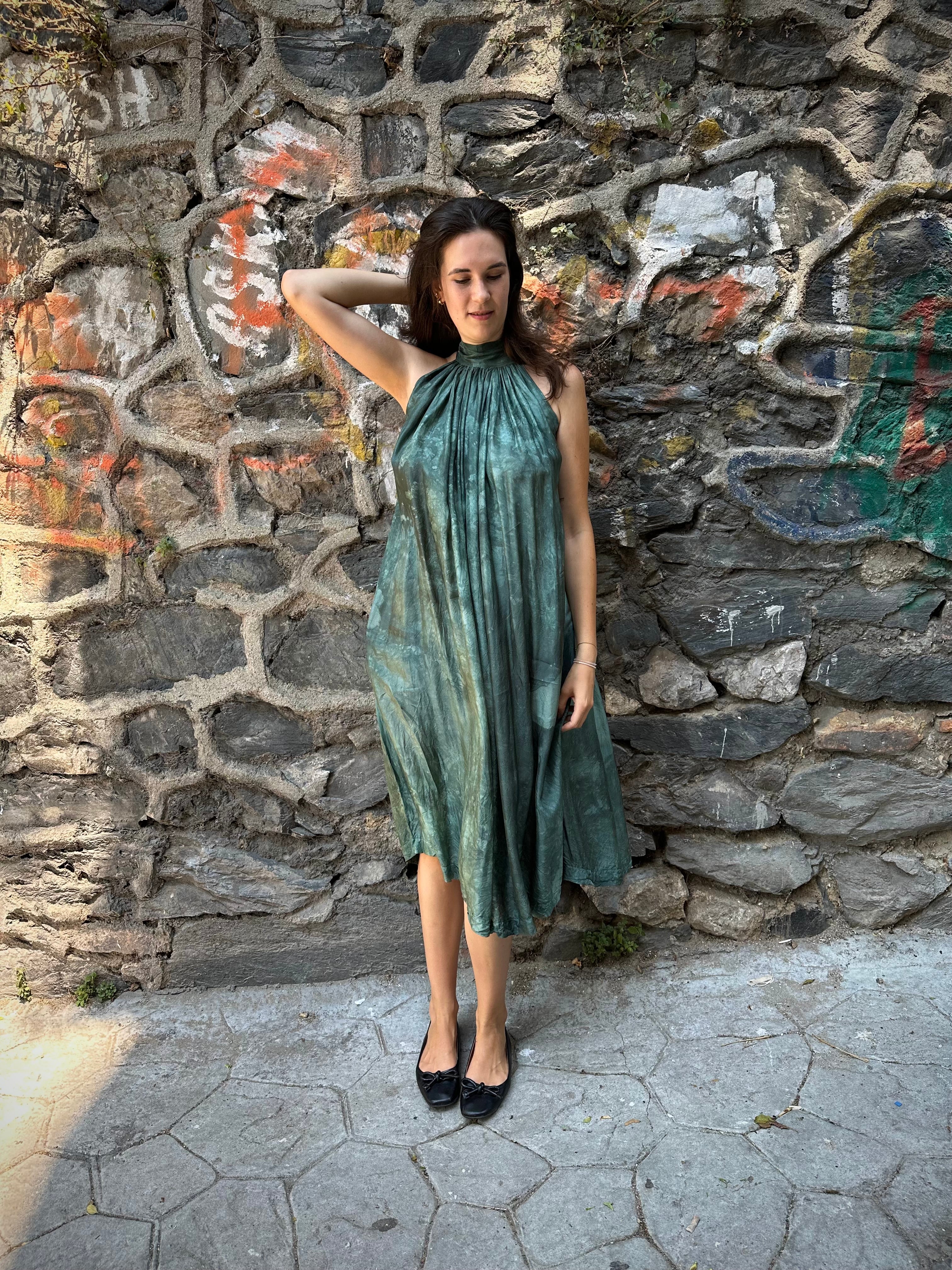 Emerald green silk dress