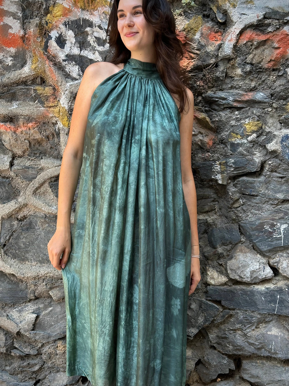 Stone washed green silk dress