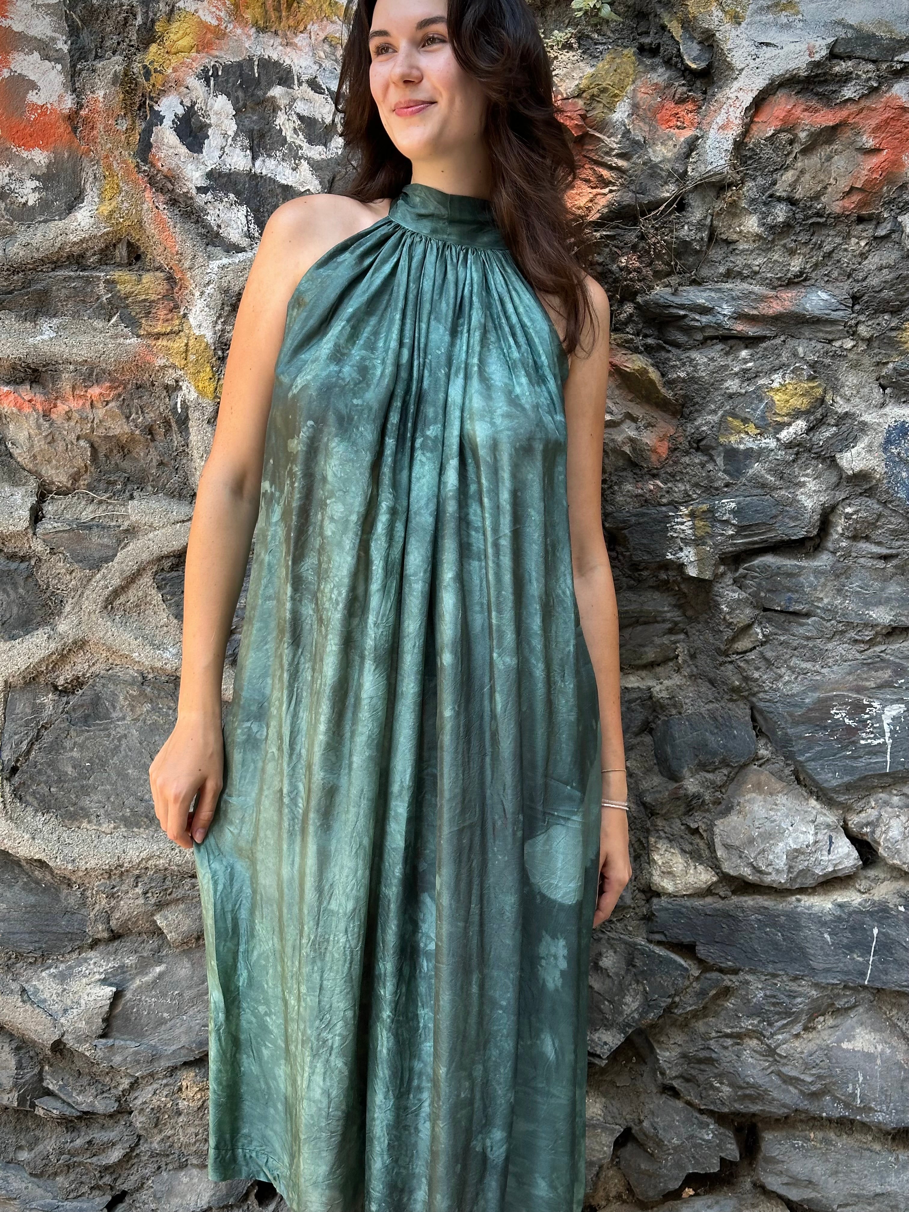 Stone washed green silk dress