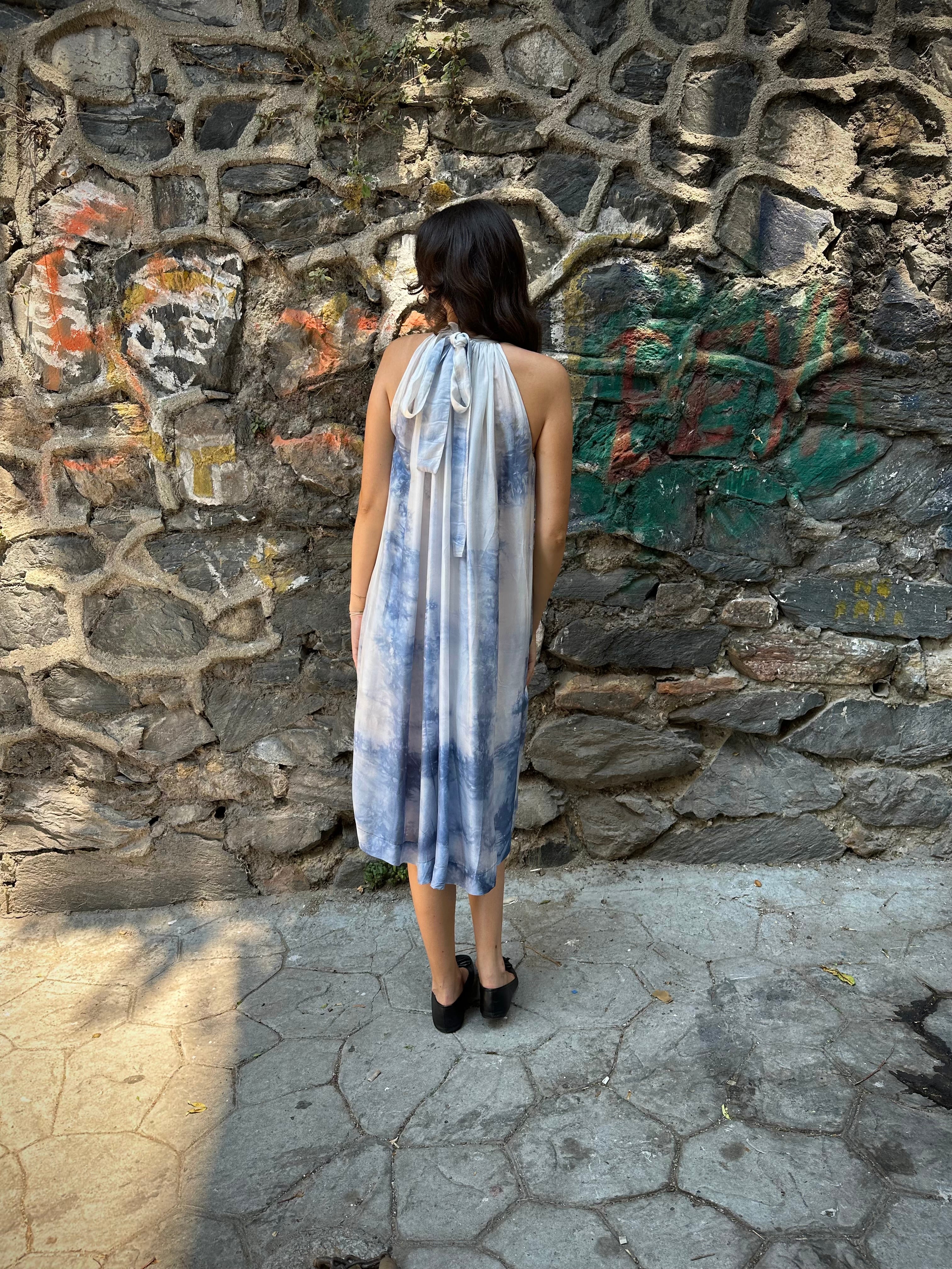 indigo dyed silk dress