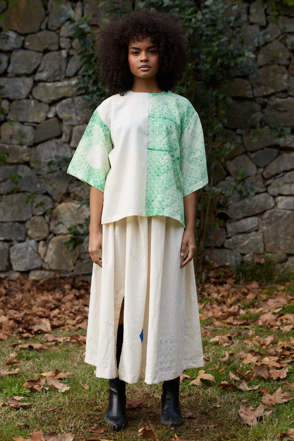Green Bamboo Skirt in handwoven Dobby Cotton (100%) by White Canvas - Image 1
