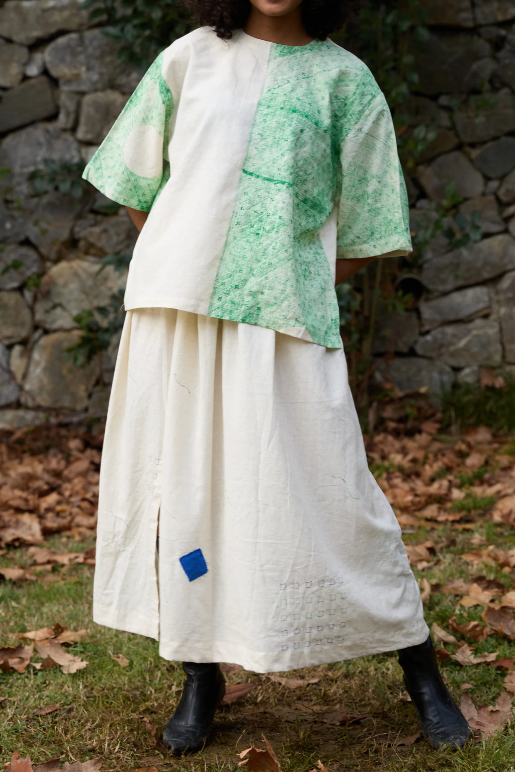 Green Bamboo Skirt in handwoven Dobby Cotton (100%) by White Canvas - Image 2