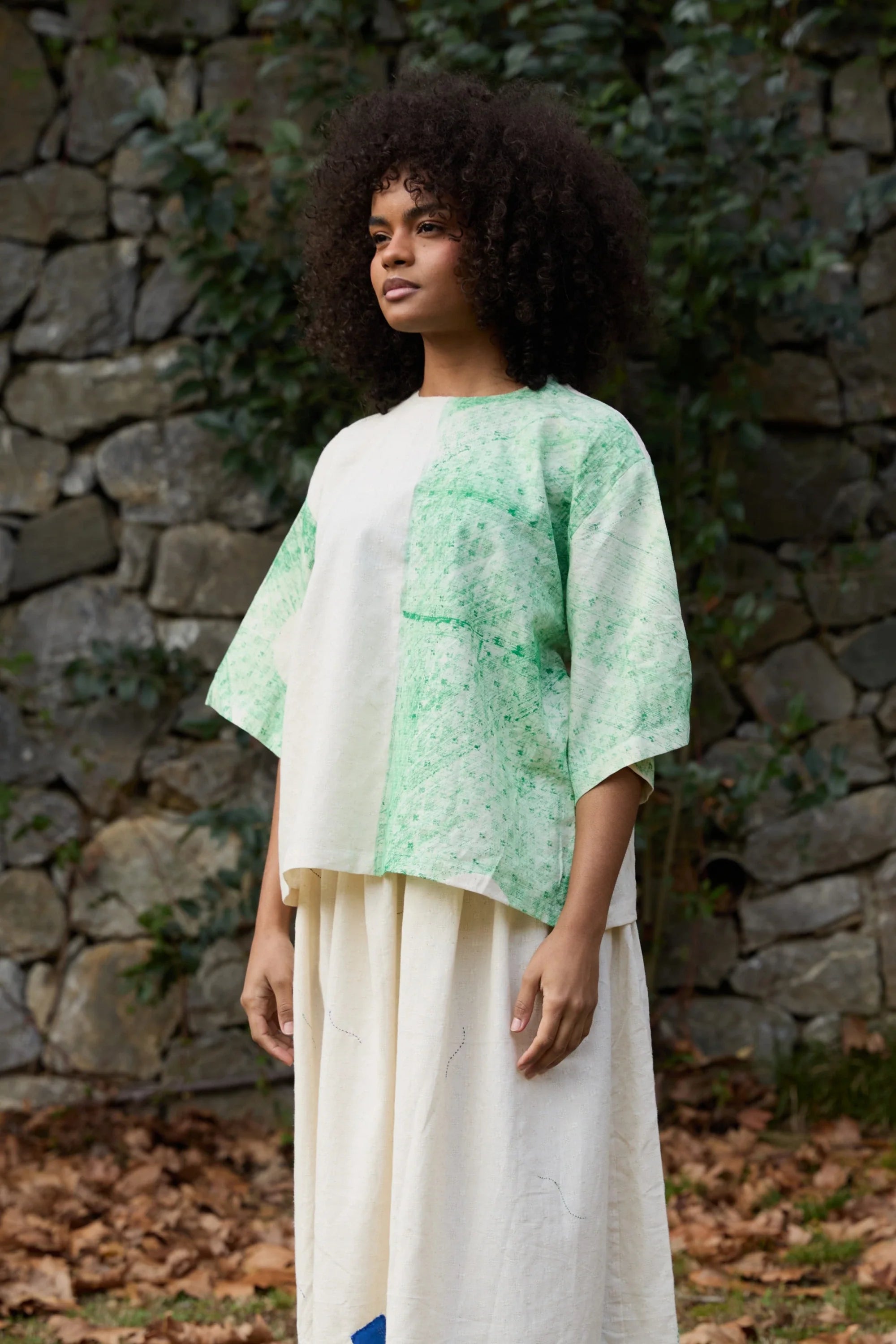 Green Bamboo Top in handwoven Dobby Cotton (100%) by White Canvas - Image 2