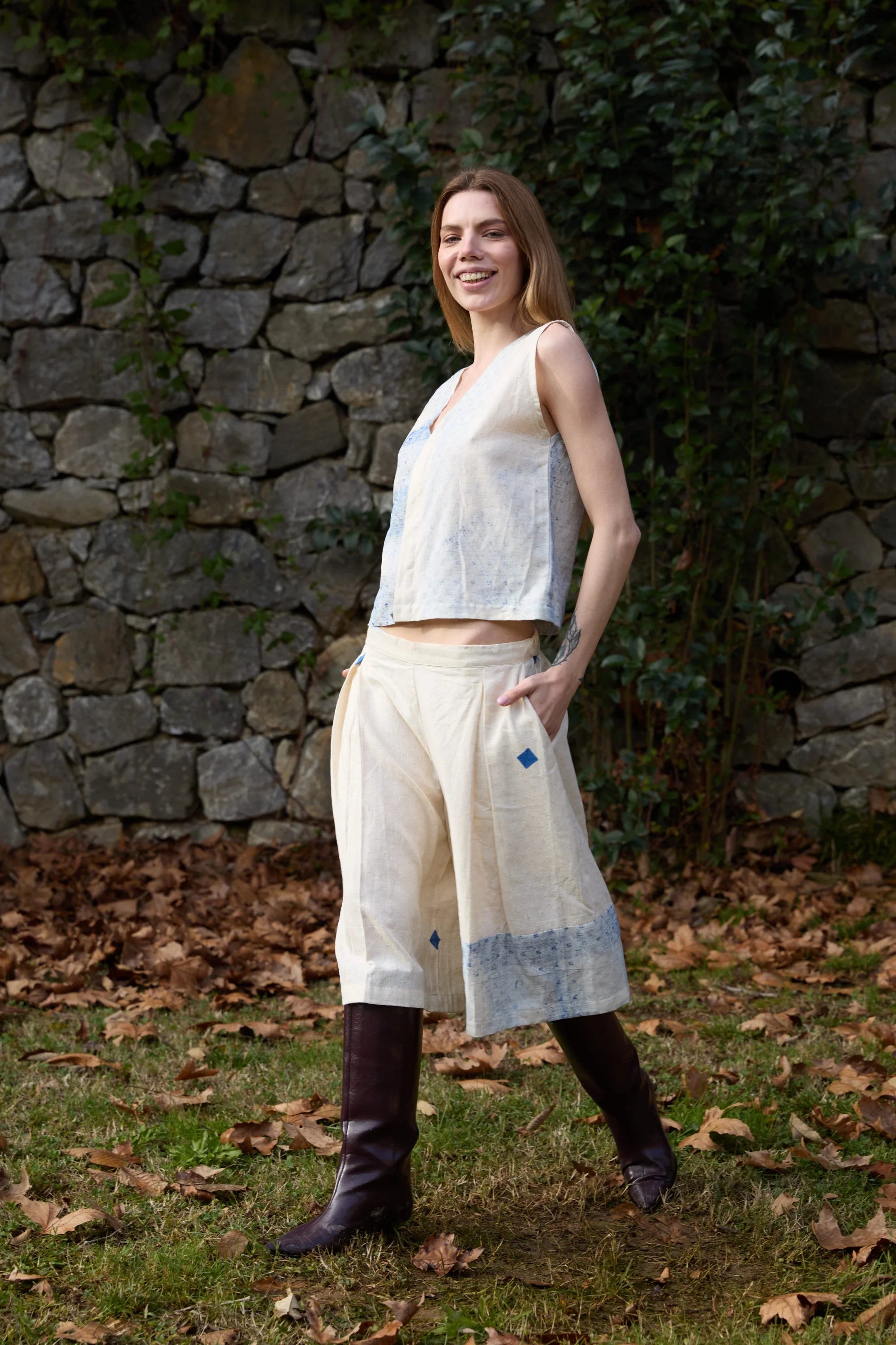 Blue Marti Pants in handwoven Dobby Cotton (100%) by White Canvas - Image 6