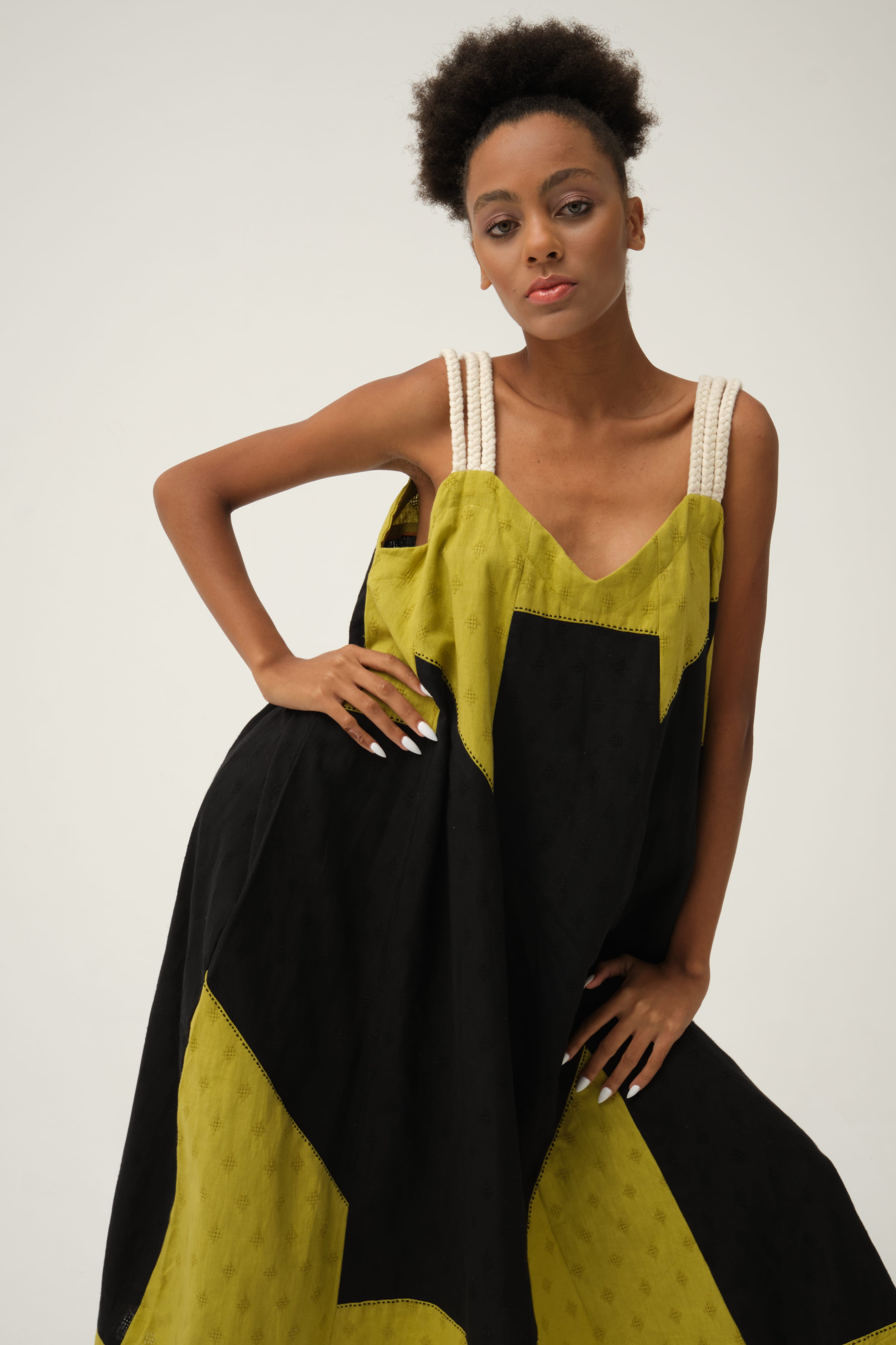 Black Green Charlie Dress in handwoven Dobby Cotton by White Canvas - Image 4