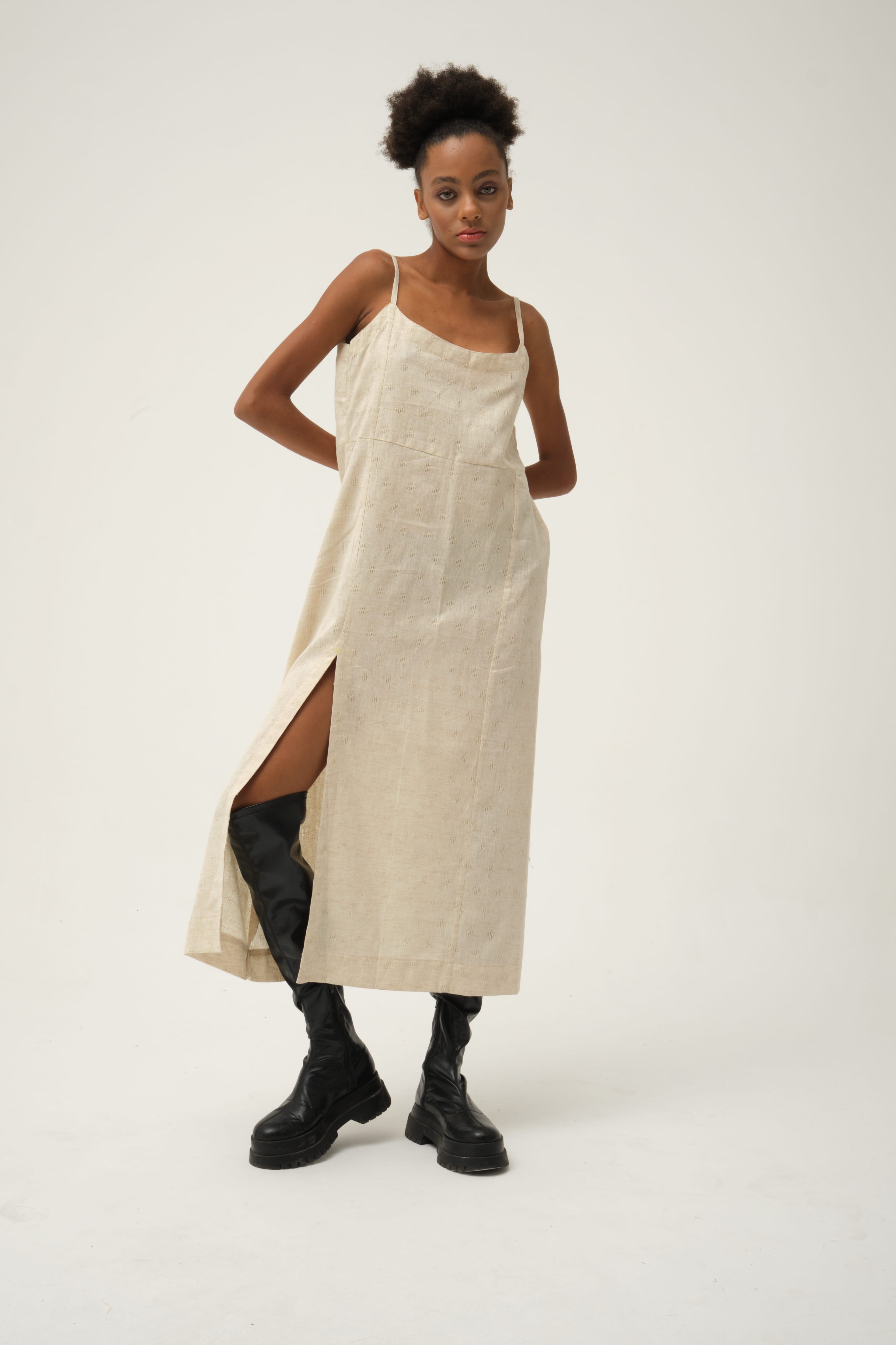 Cream Snowy Dress in handwoven Dobby Cotton by White Canvas - Image 1