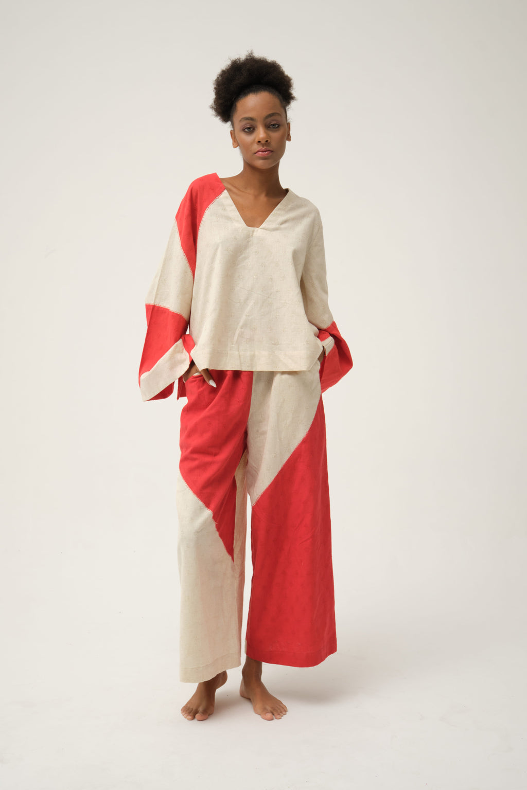 Red Daffy Set in handwoven Dobby Cotton by White Canvas - Image 1