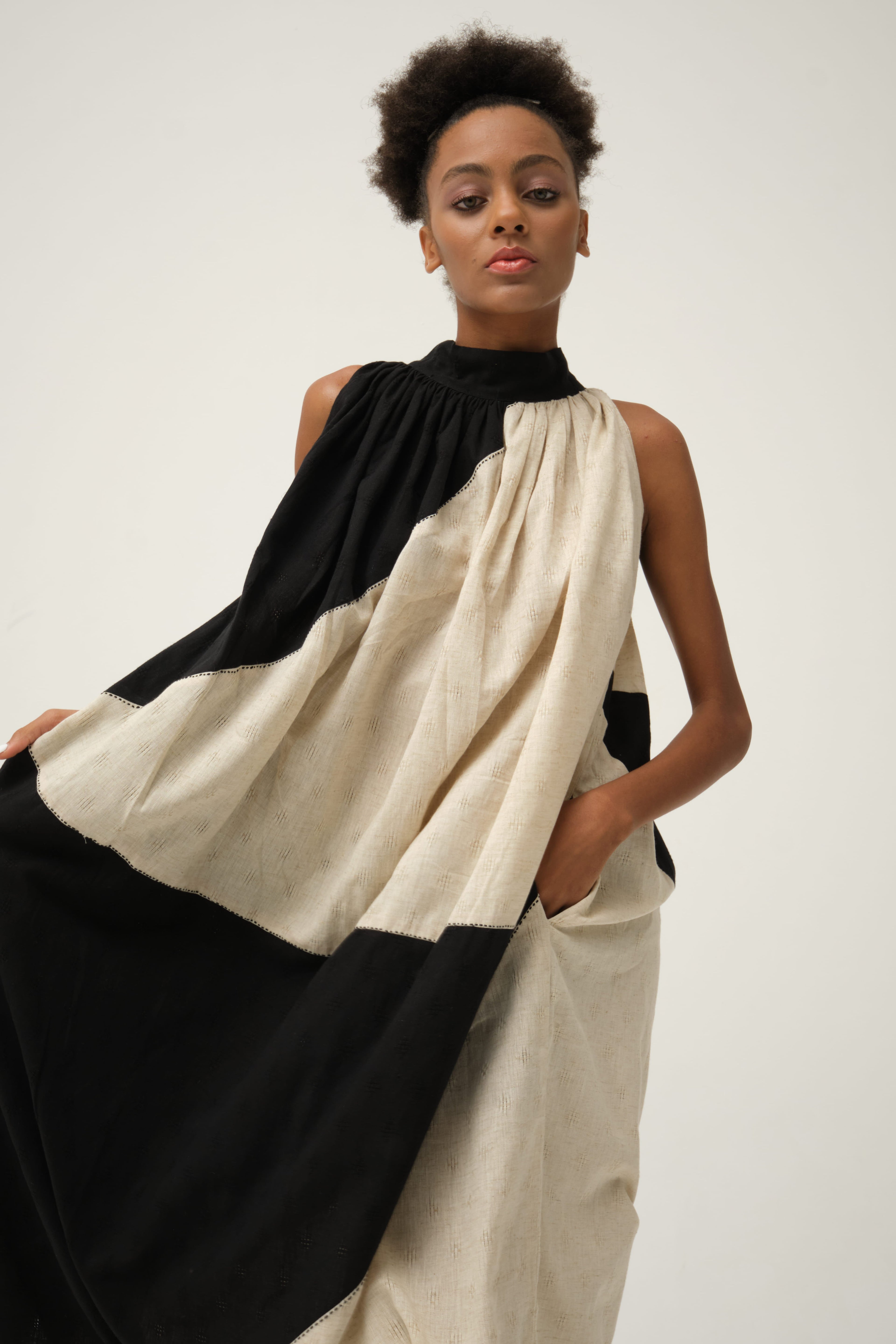 Black Flintstone Dress in handwoven Dobby Cotton by White Canvas - Image 4