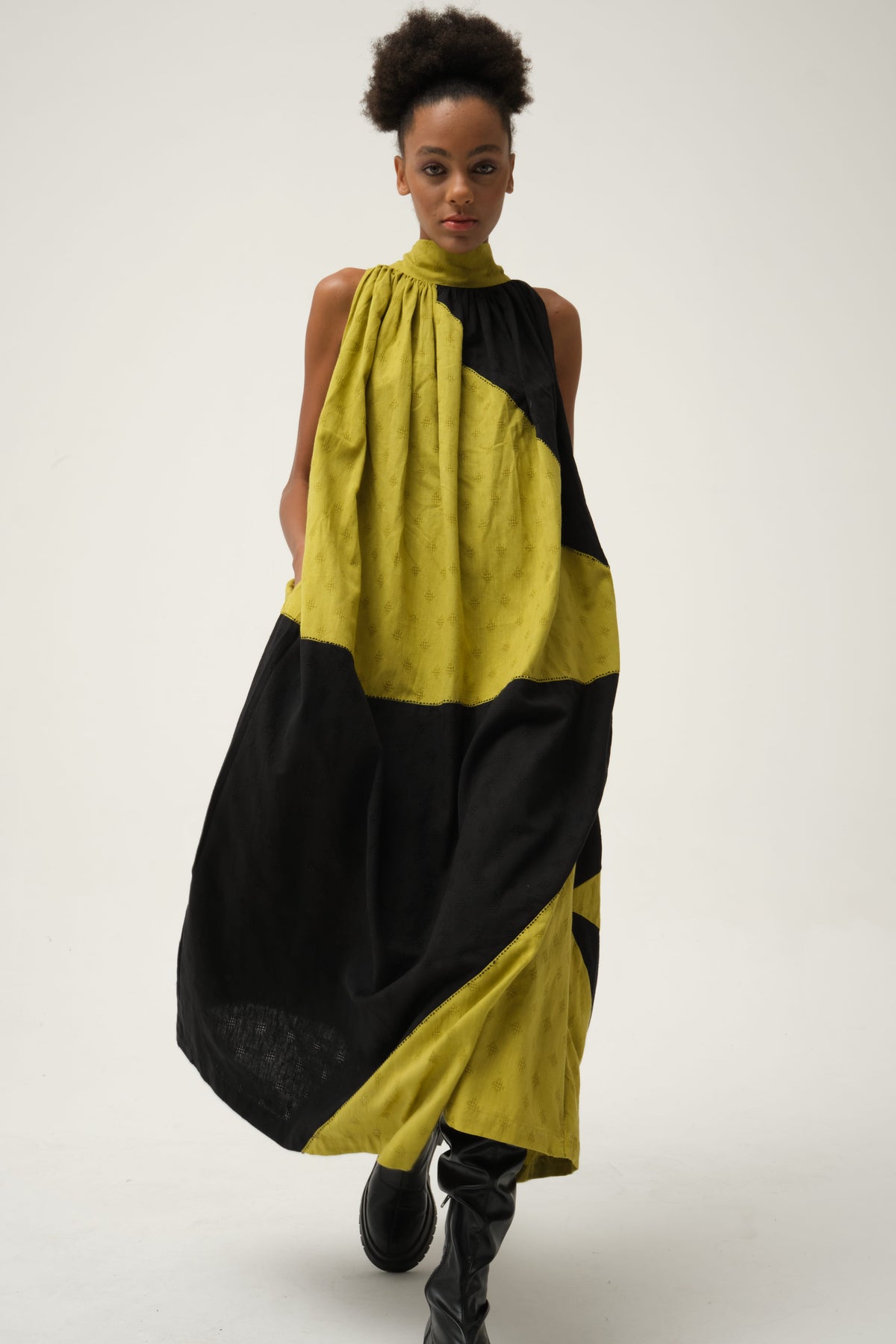 White Canvas Black Green Flintstone Dress in black handwoven dobby cotton with Kantha stitching, front view on model