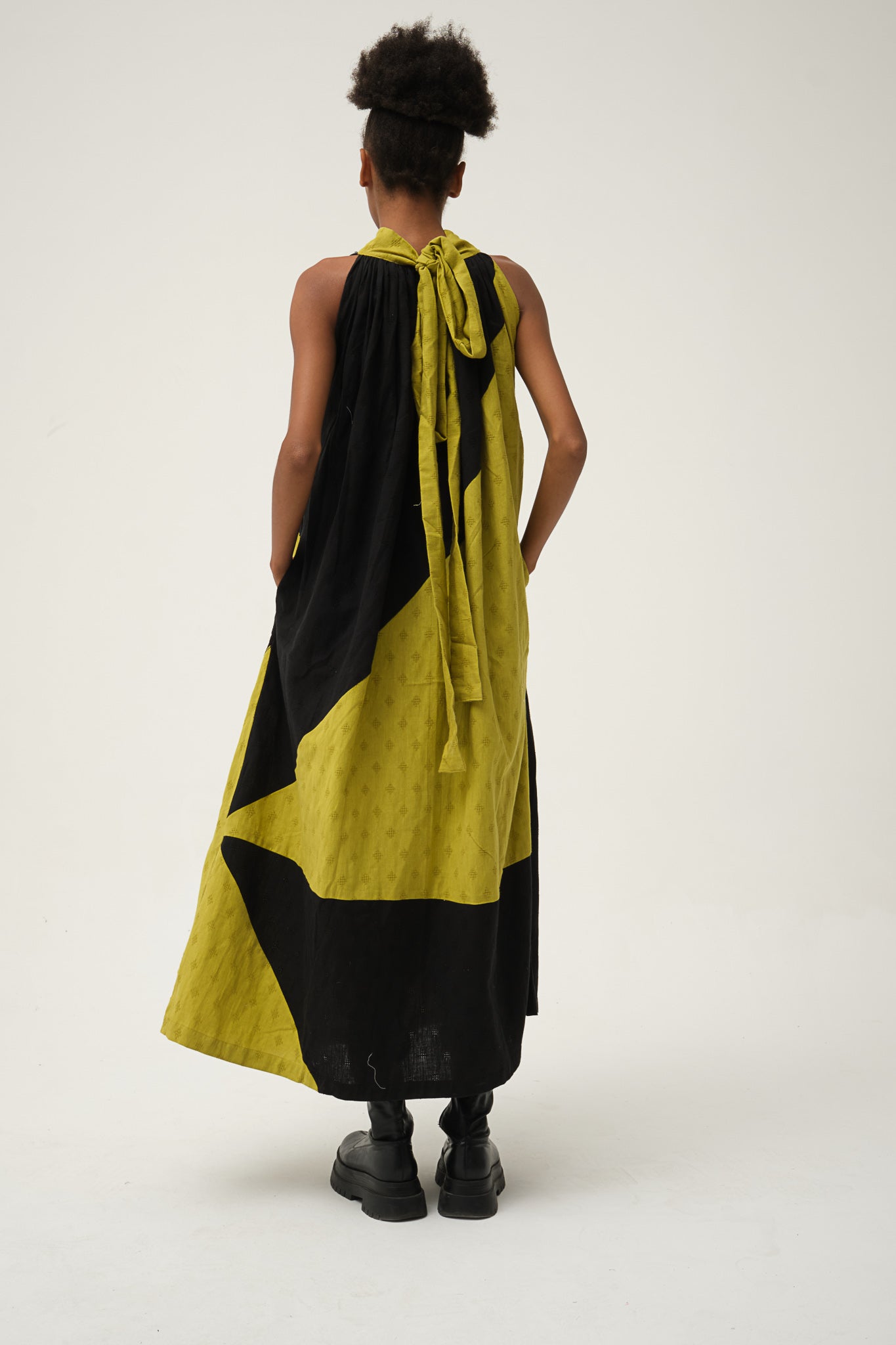 Black Green Flintstone Dress in handwoven Dobby Cotton by White Canvas - Image 3