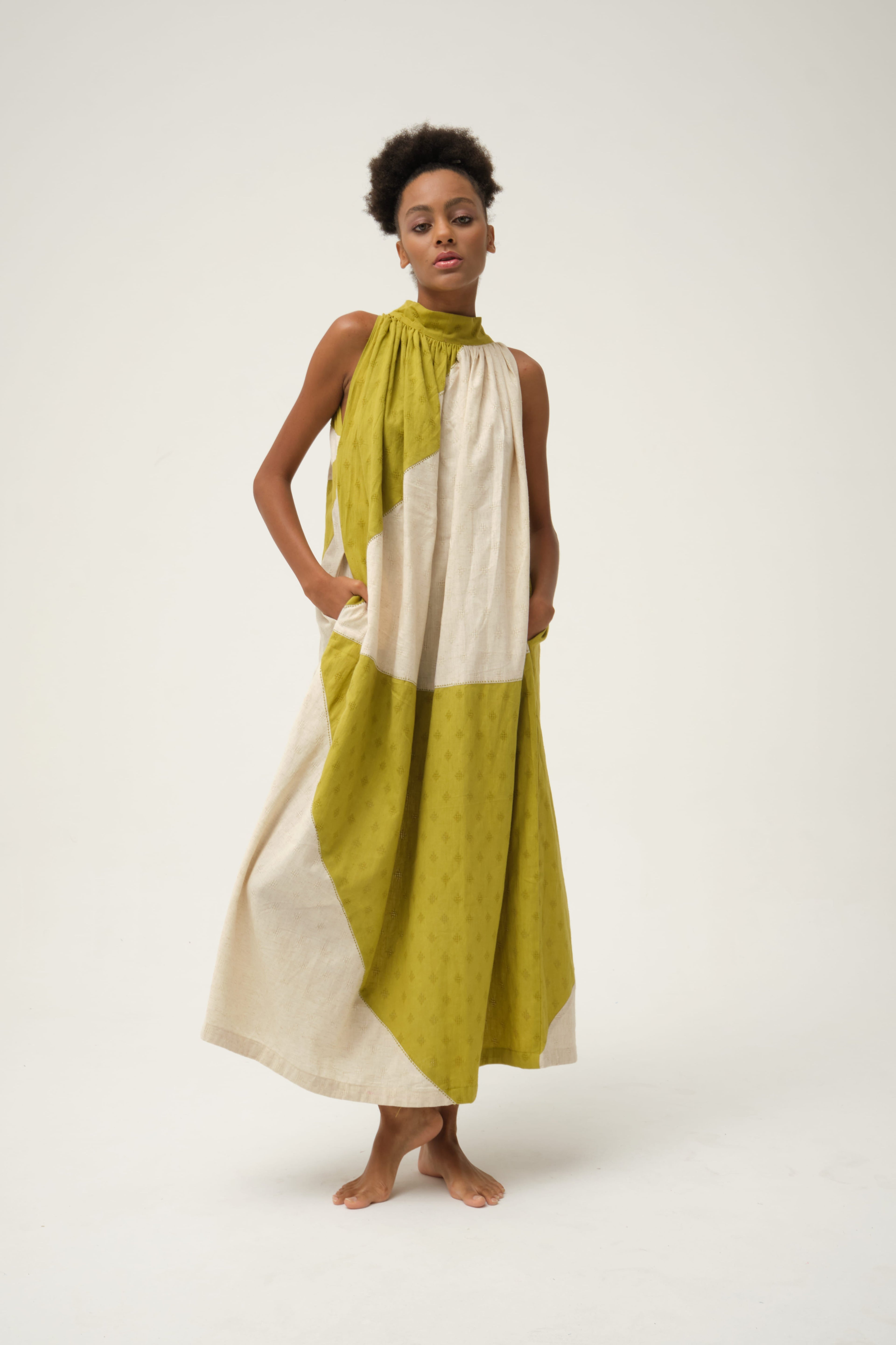 Green Flintstone Dress in handwoven Dobby Cotton by White Canvas - Image 1
