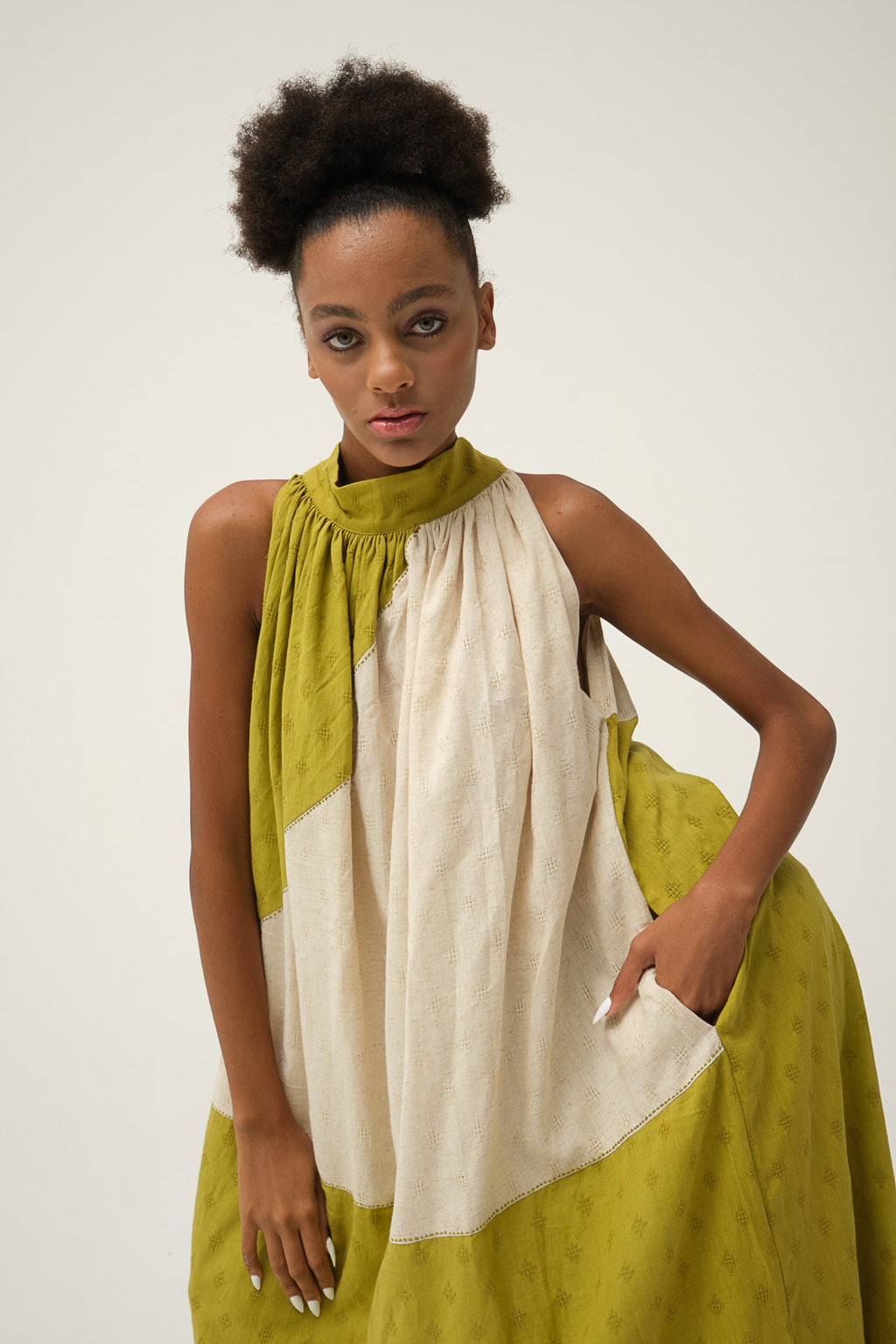Green Flintstone Dress in handwoven Dobby Cotton by White Canvas - Image 3