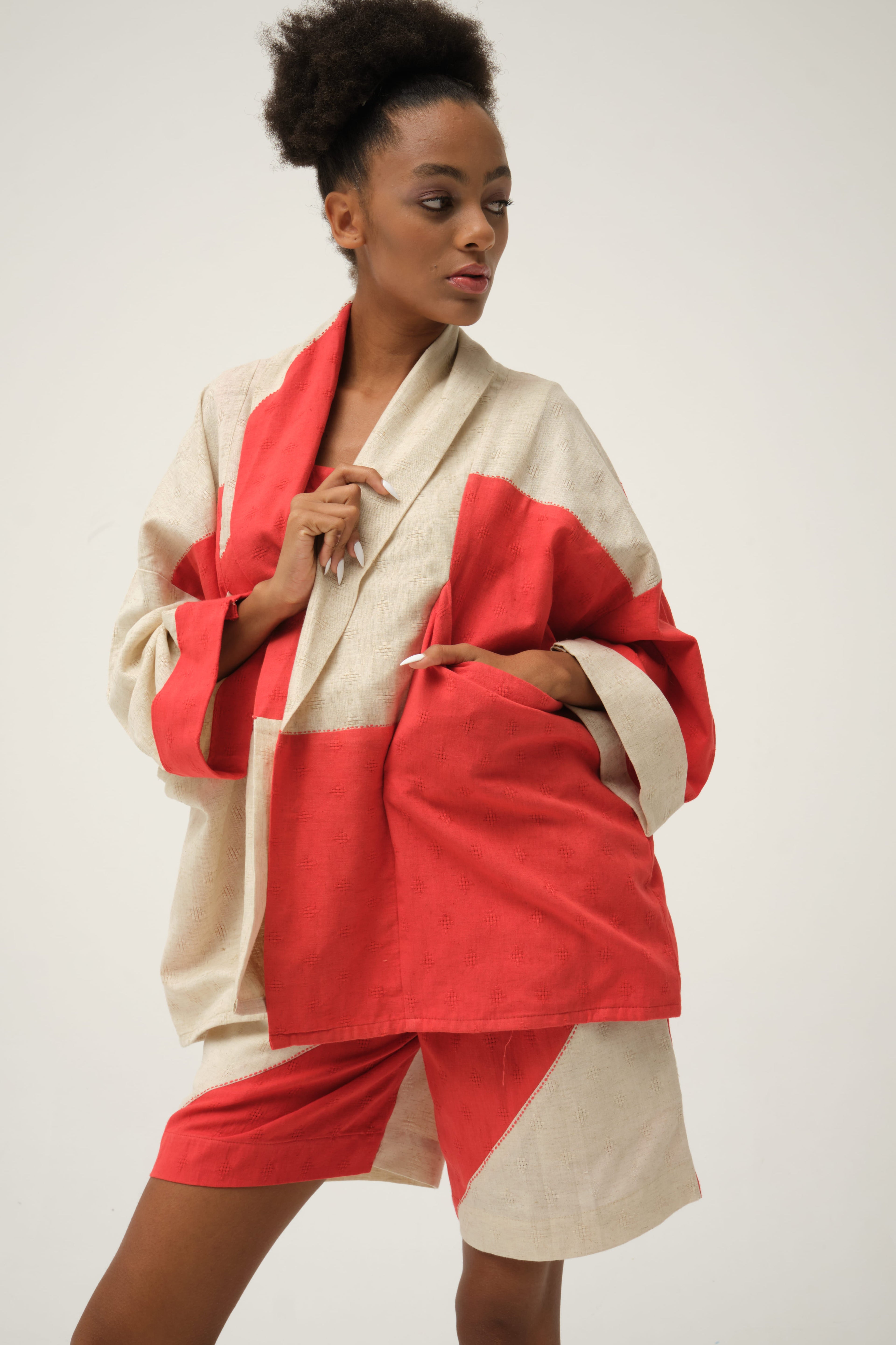 Red Goofy Jacket in handwoven Dobby Cotton by White Canvas - Image 4