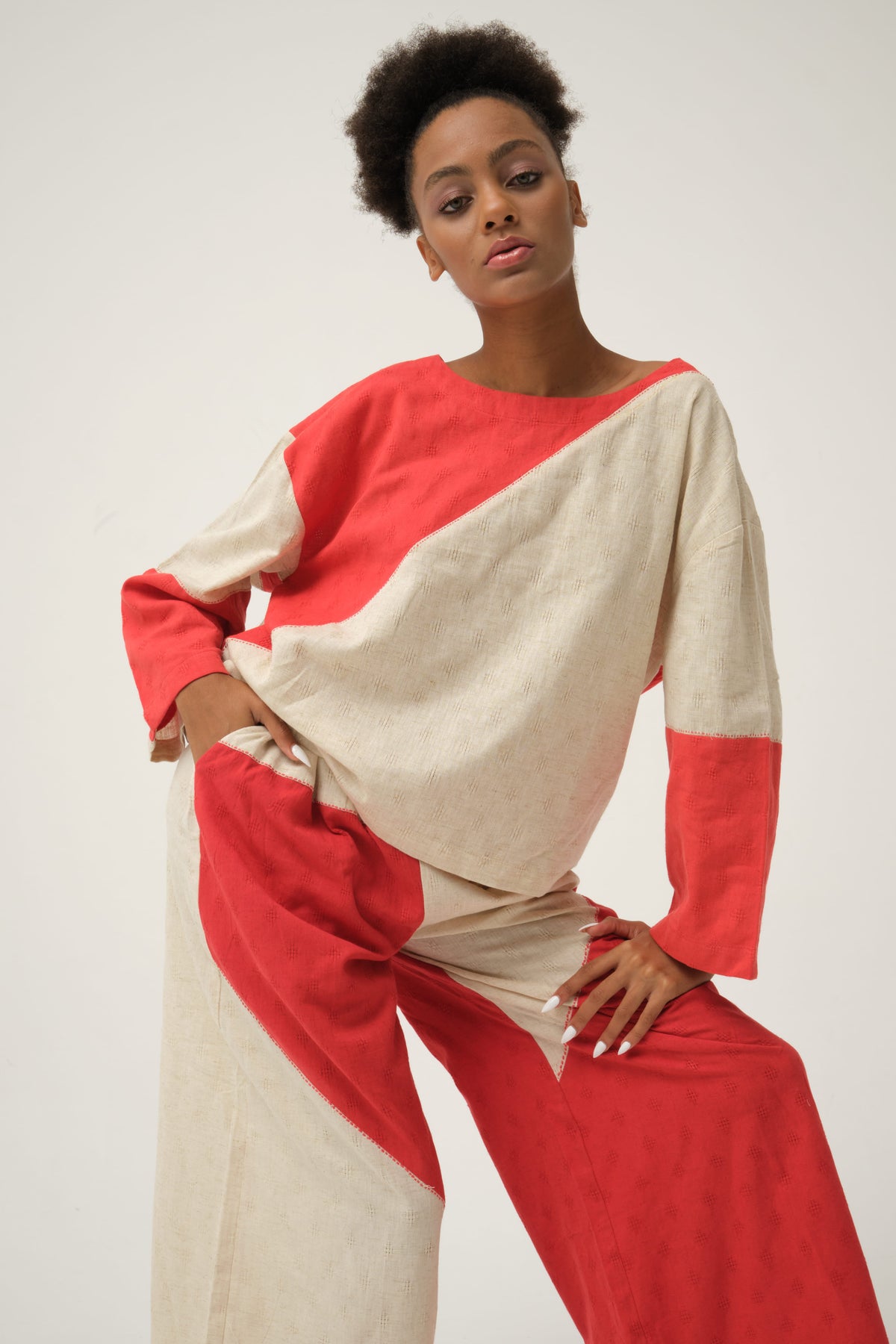 Red Mickey Top in handwoven Dobby Cotton by White Canvas - Image 2