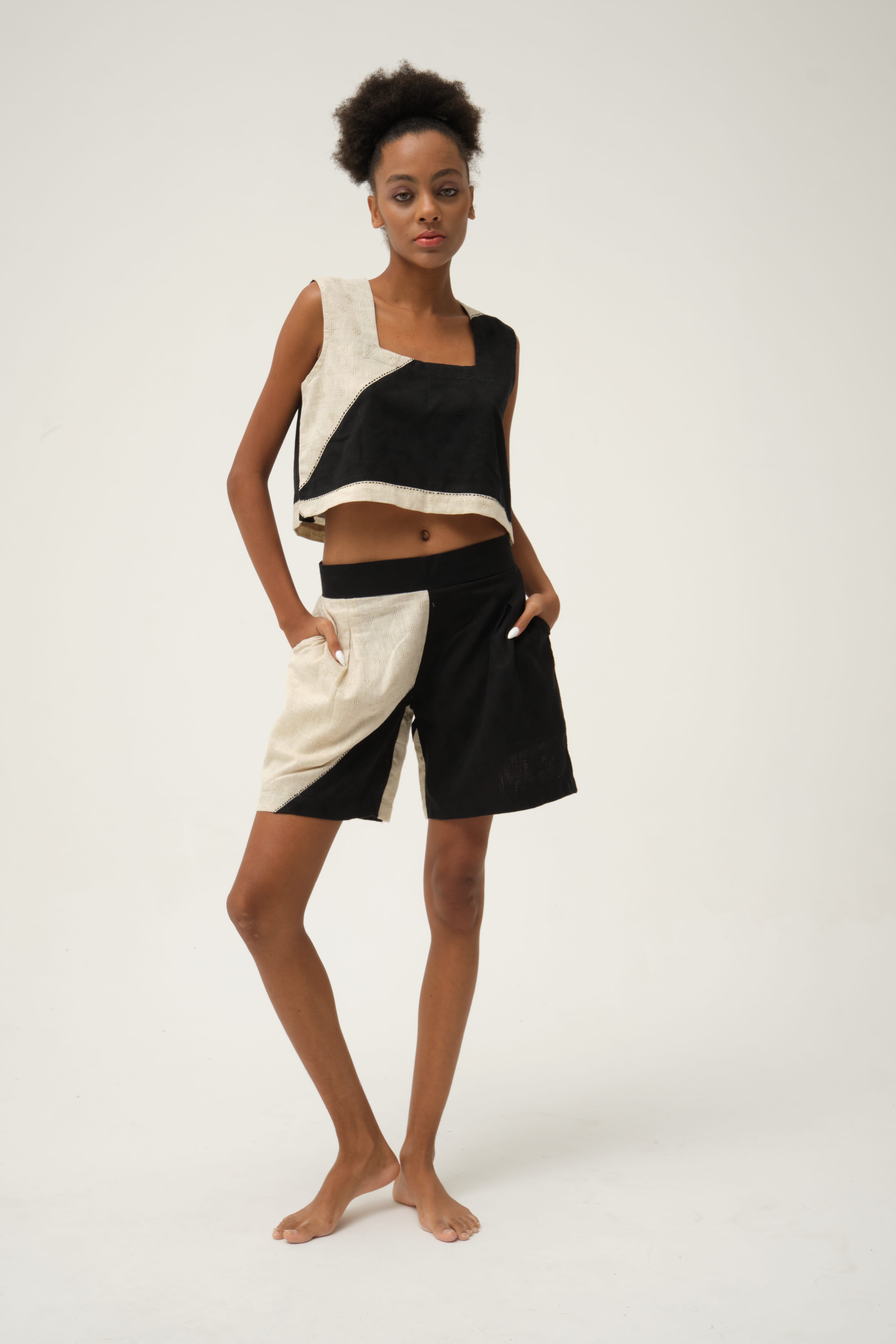 Black Popeye Shorts | Handwoven Dobby Cotton | White Canvas