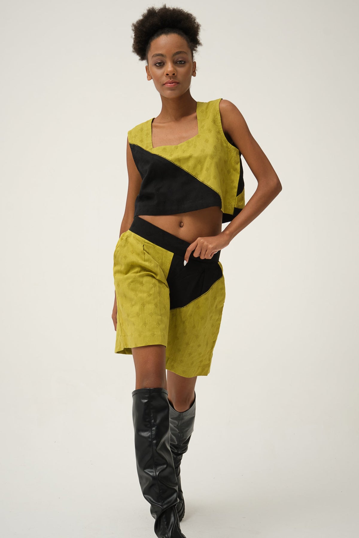 Black Green Popeye Shorts in handwoven Dobby Cotton by White Canvas - Image 1